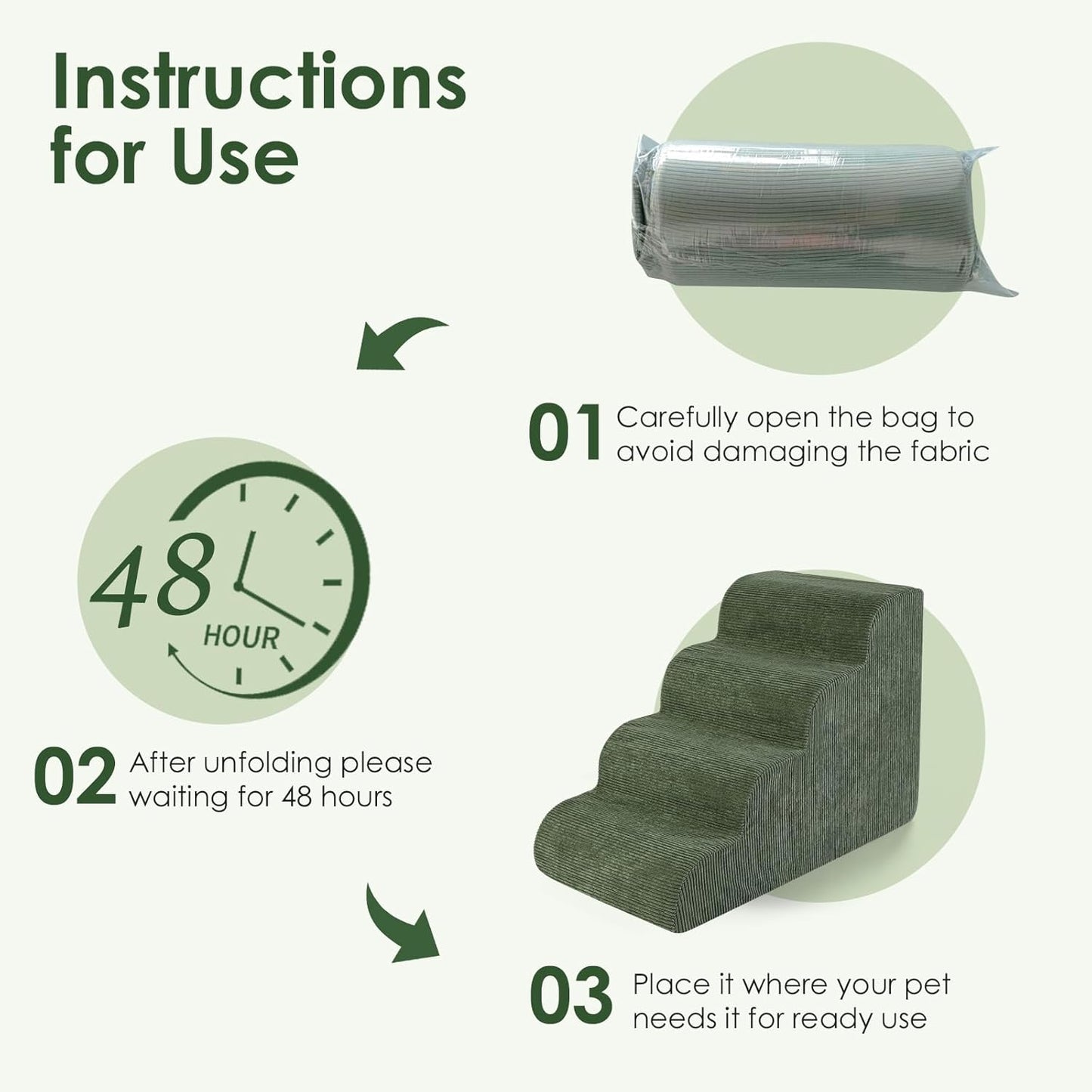 Dog Stairs for Small Dogs 17.7" H, 4-Step Dog Ramp for Aged and Injured Dogs, Foam Pet Stairs for Cats to Get on Bed, Couch or Chair, Non-Slip, Steady, Washable Cover, Green