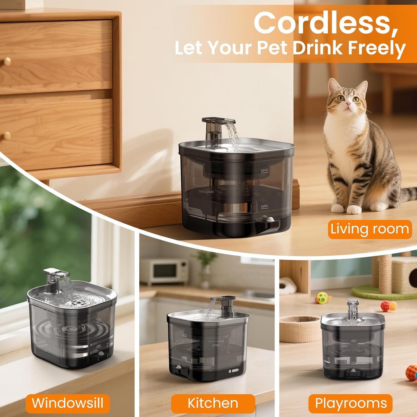 Wireless Cat Water Fountain Cordless with External Pump, 5000MAh Battery Operated, 68oz Rechargeable Automatic Pet Cat Fountains for Drinking with Motion Sensor, Quiet Pump(1 Filter)