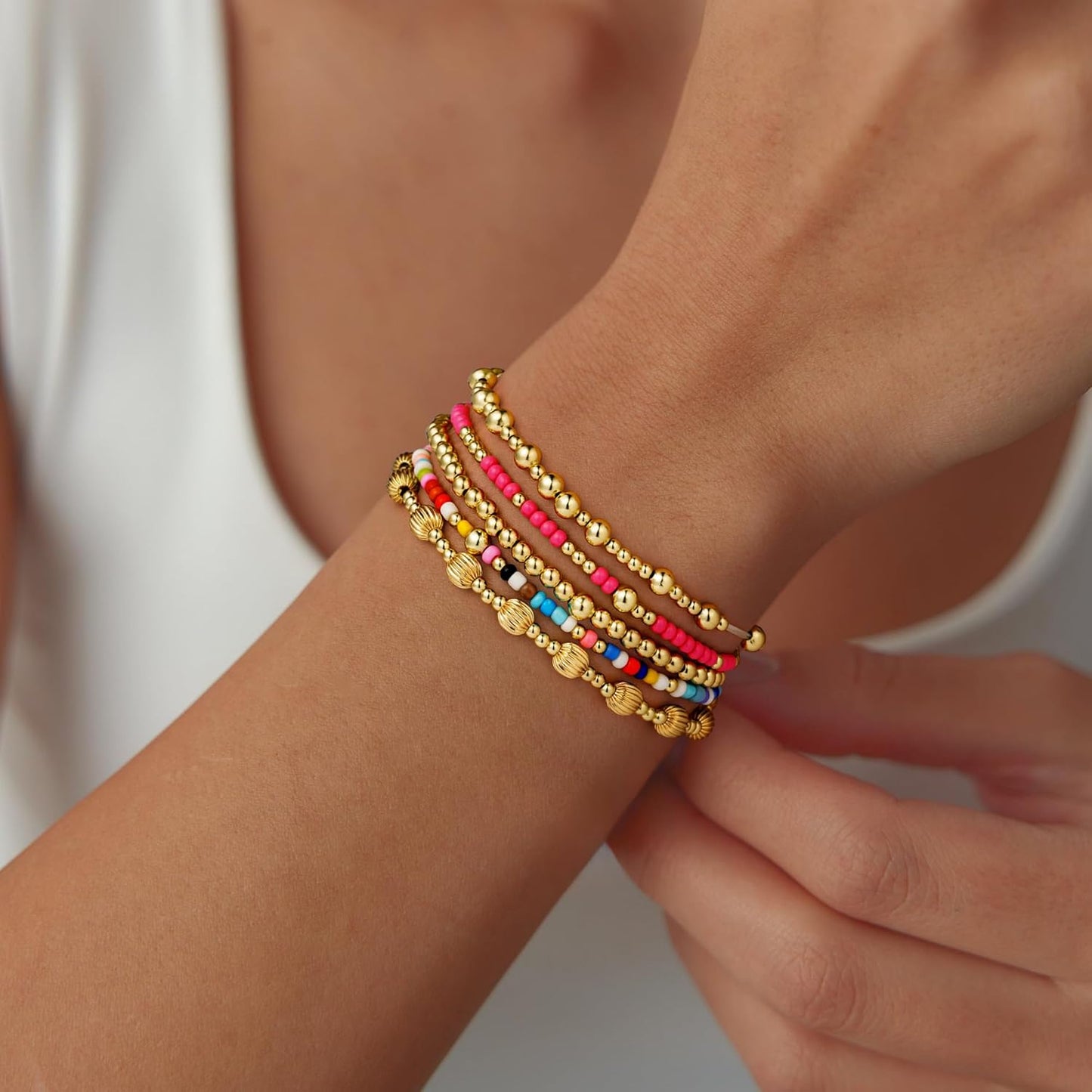 Turandoss Gold Beaded Bracelets for Women Girls - Dainty 14K Gold Plated Turquoise Cross Bead Bracelet Pearl Bracelets Set for Women Heishi Clay Beaded Bracelet Jewelry Gifts for Her