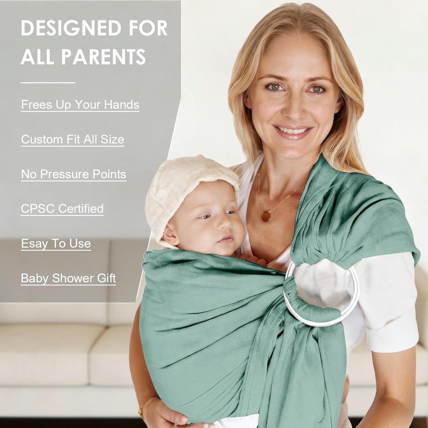 Baby Ring Sling Baby Carrier Newborn to Toddler Carrier (7-35 lbs), Baby Sling Carrier, Toddler Sling Carriers, Infant Wraps Carriers, Green