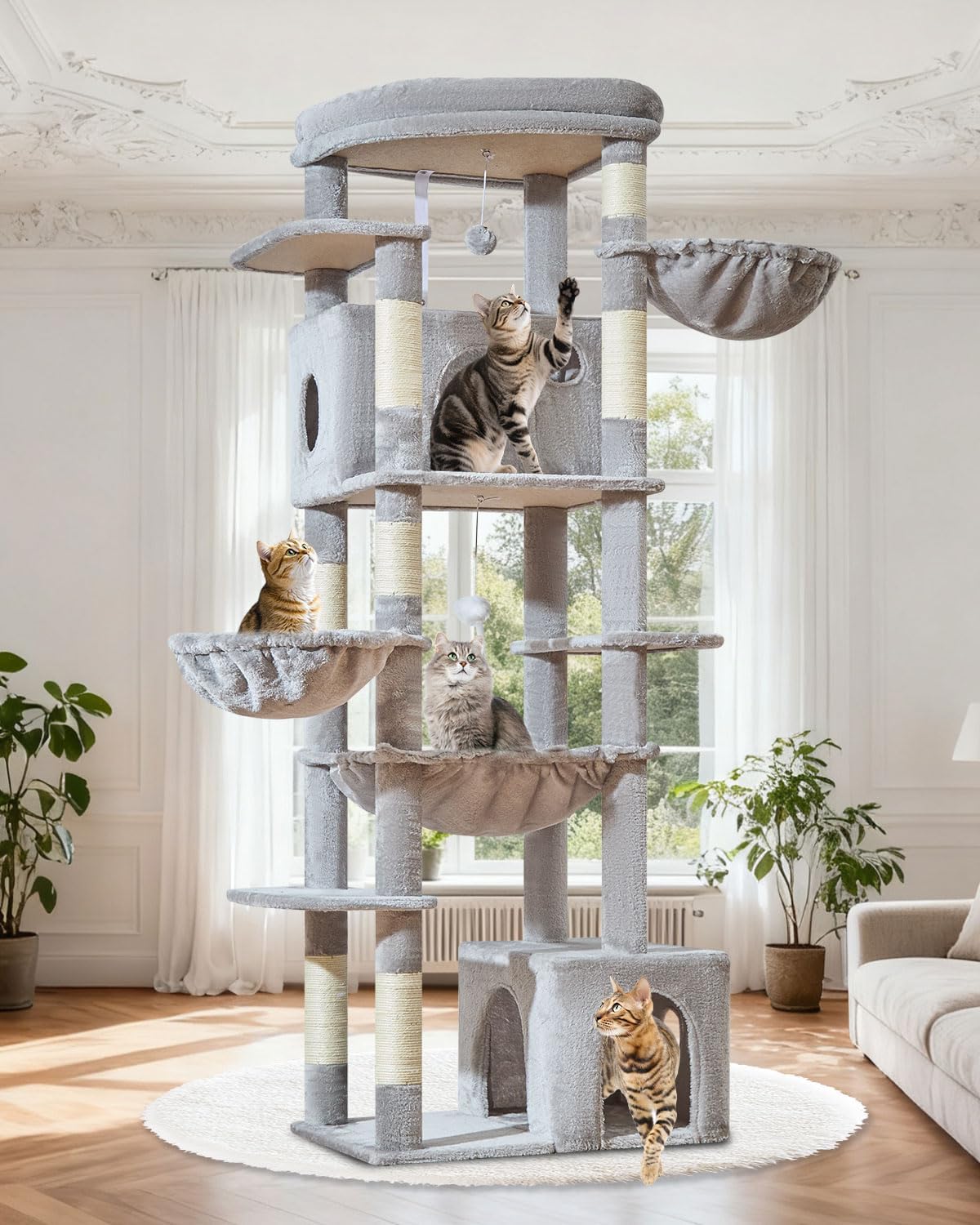 Taoqimiao 72 Inch Cat Tree, XXL Cat Tower for Indoor Cats Large Adult 25Lbs+, Extra-Large Platform, 2 Cat Houses, 7 Scratching Post, Extra-Sized Durable Hammock, Cozy Basket, Light Gray, F20W