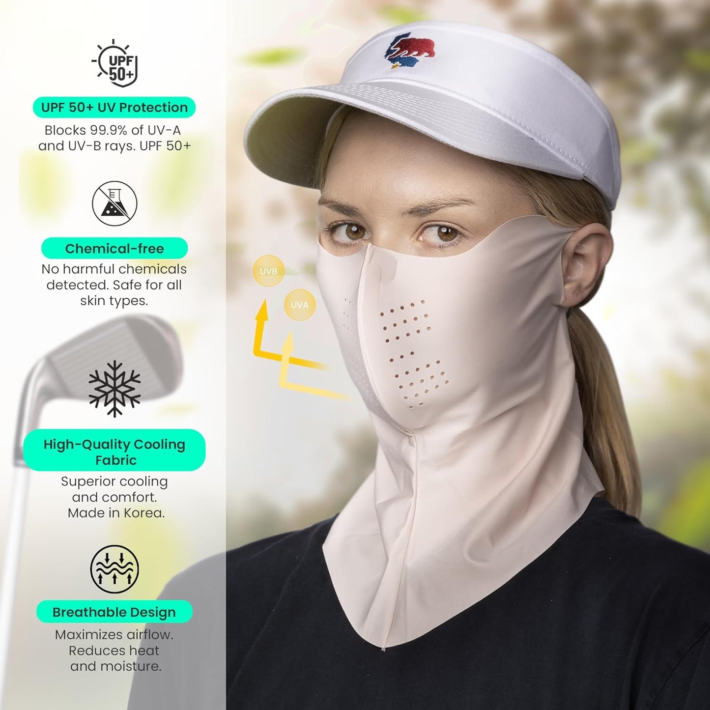 Korean UPF 50+ UV Sun Protection Face Mask – Cooling Breathable Neck Cover for Golf, Fishing, Hiking – Made in Korea