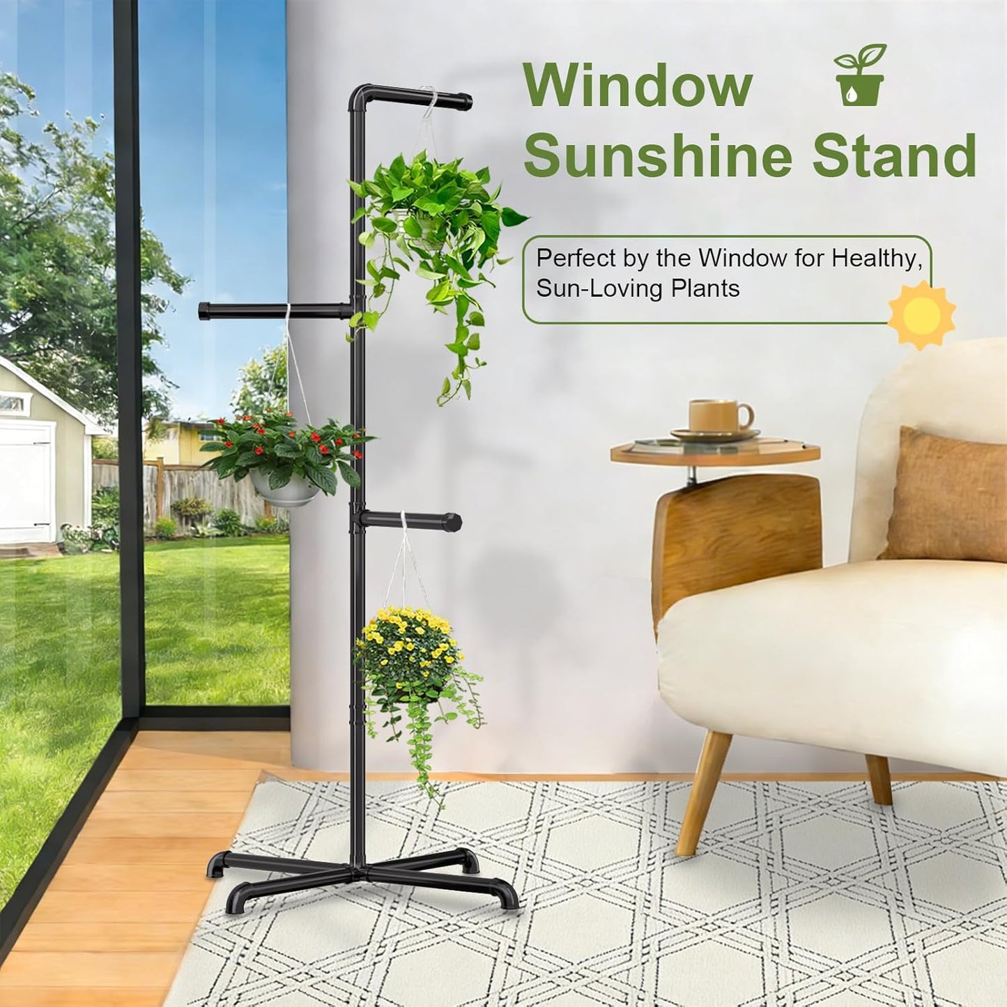 Hanging Plant Stand, Plant Hanger Indoor, Corner Hanging Plant Stand, Black Metal Holder for Bedroom, Living Room, Garden, Balcony