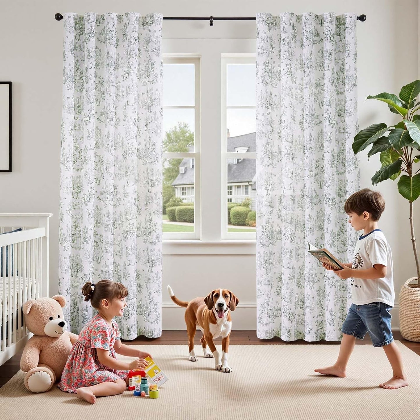 jinchan Easter Decor Linen Nursery Curtains 84 inch Long Woodland Wildlife Sage Green Print Drapes for Kid's Room Light Filtering French Country Farmhouse Curtains with Bunny Design Set of 2 Panels