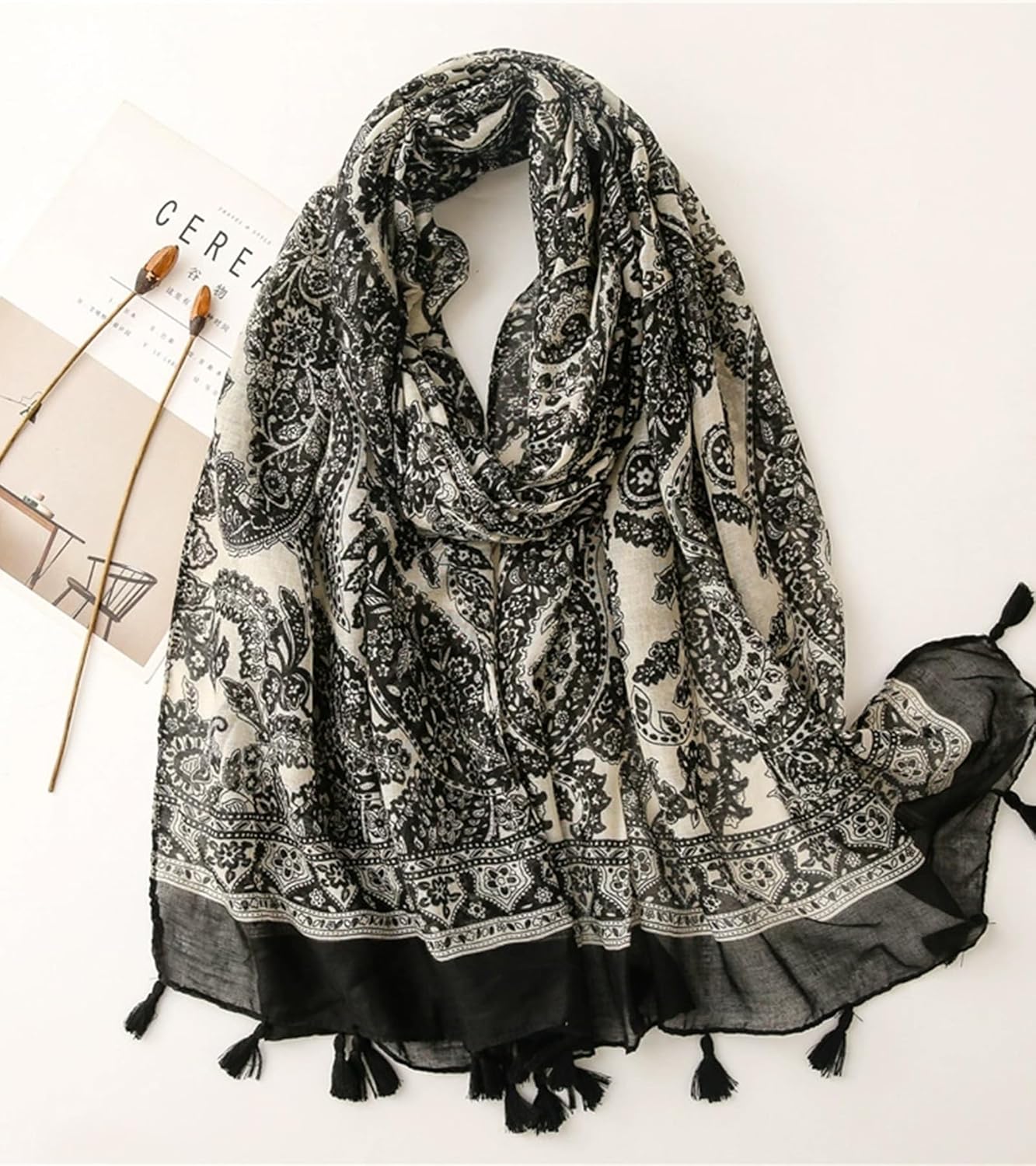 Travel Boho Scarf for Women Casual Lightweight Fashion Multicolor Shawl Wraps with Fringed Beads