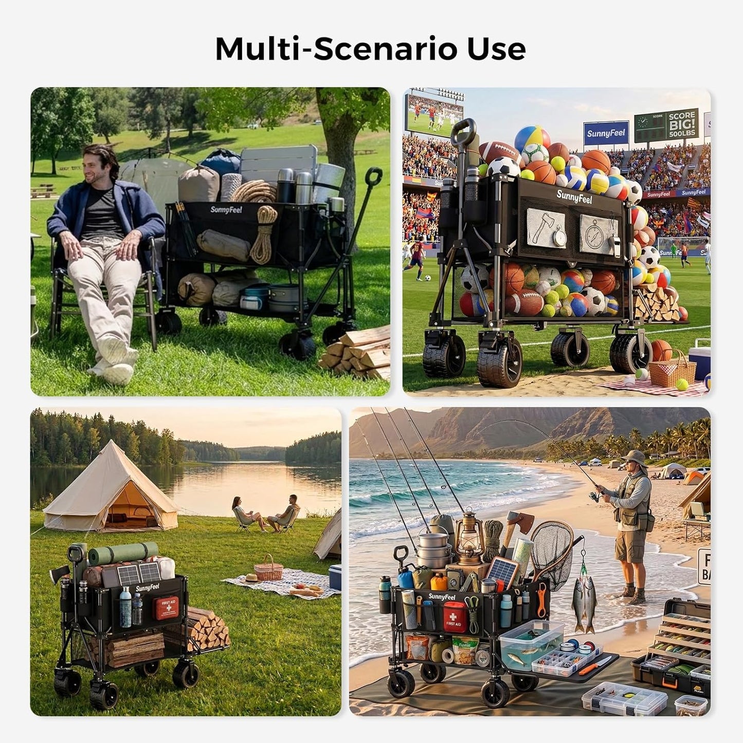 SUNNYFEEL Double Decker Folding Wagon Cart - 500lbs Heavy Duty Collapsible Utility Wagon with All Terrain Big Wheels & Drop Down Tailgate,400L Large Capacity Wagon for Camping,Garden,Sports