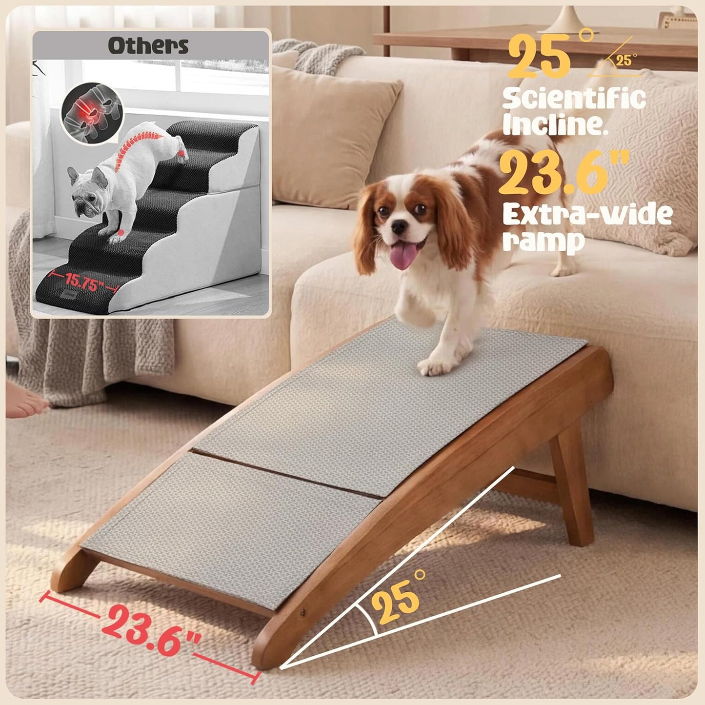 Dog Stairs for Couch 15.6" H, 23.6" W Saddle Leather Accent Chair Dog Ramp with Anti‑Slip Silicone Mat, 25° Angle 2 in 1 Transformable Wooden Pet Steps for living room for Small to Large Dogs(Natural)