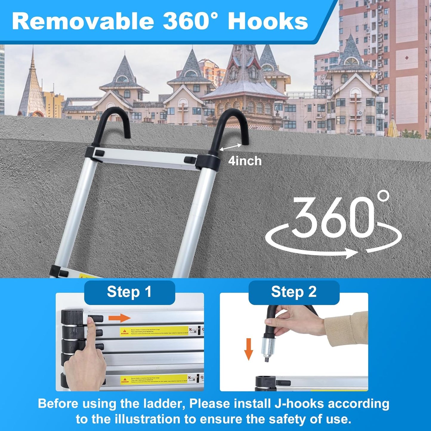 20.3 ft Aluminum Telescoping Ladder, 330 lb Load, Hooks Wheels Stabilizer Bar, Portable Collapsible Ladder for Home Use and Work, Silver