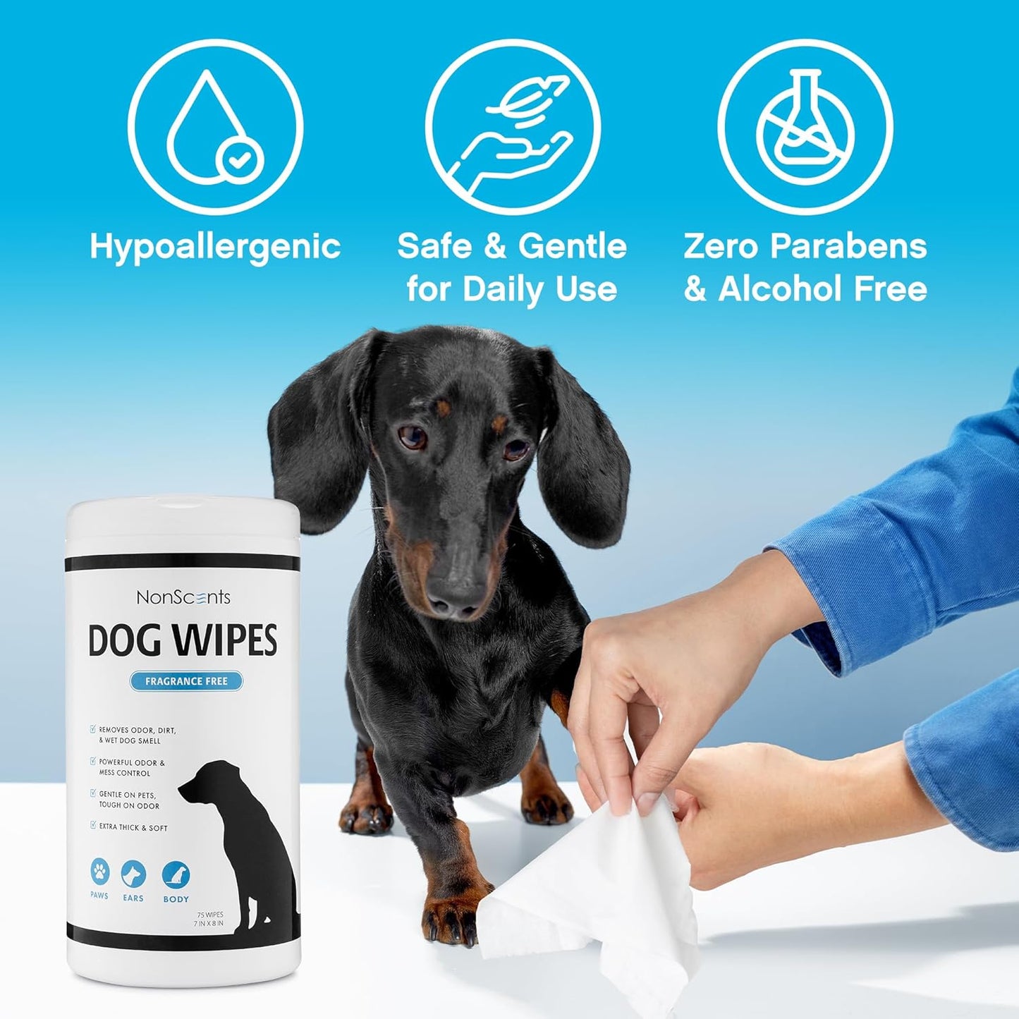 NonScents Dog Grooming Wipes - 75 Deodorizing & Cleaning Dog Wipes - Pet Wipes for Dogs - Fragrance-Free Doggy Wipes for Paws, Butt, Body - Unscented Dog Wipes for Quick Baths