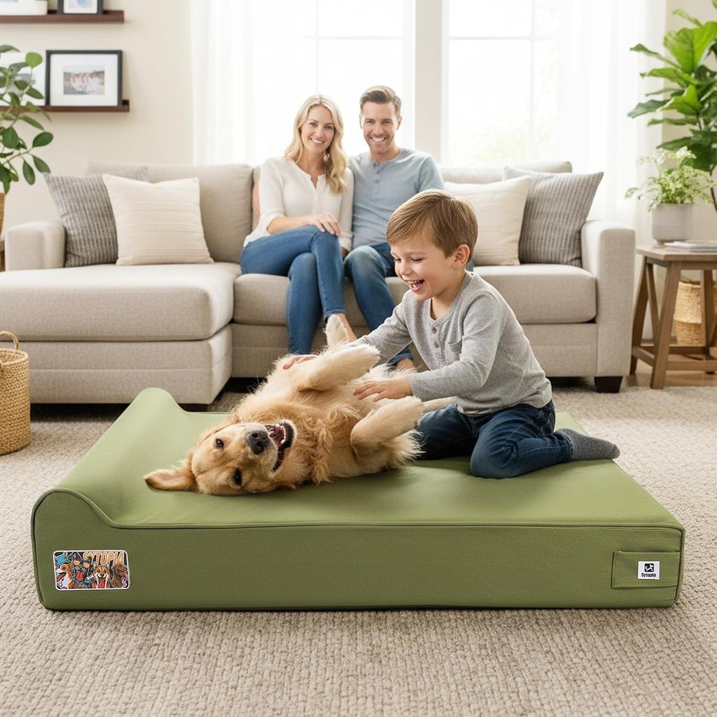Sytopia 7" Thick Orthopedic Dog Beds for Extra Large Dogs, Canvas Dog Bed with Chew Proof Fabric Cover, Ups to 150 Pounds, 35D Memory Foam Dog Beds with Waterproof Liner & Washable Cover, Green