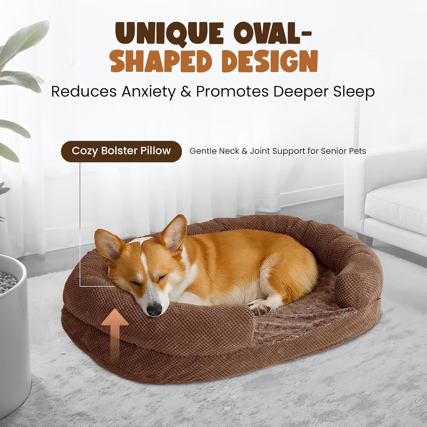 Medium Dog Bed 35 in for Medium& Large Dogs, Orthopedic Washable Memory Foam Dog Bed, Calming Bolster Couch Sofa, Oval Dog Bed with Removable Cover