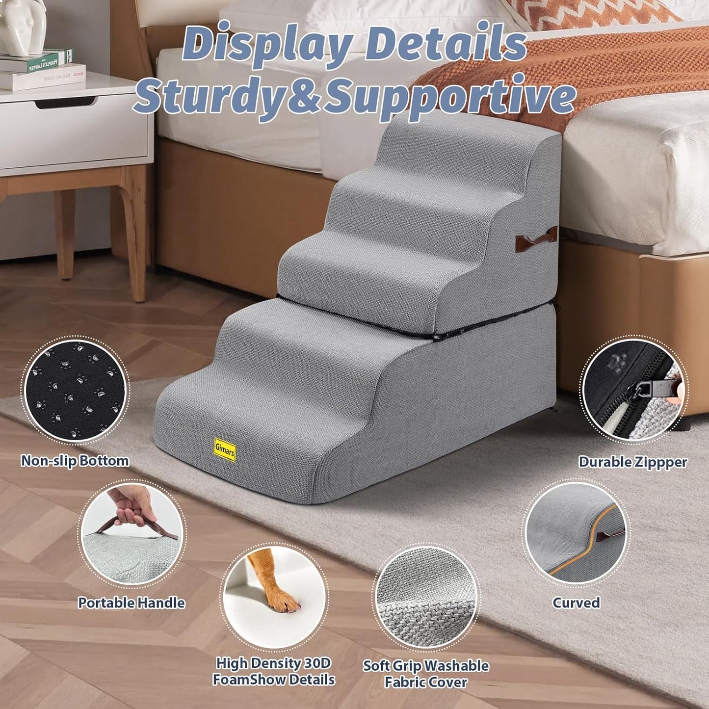 Gimars Extra Wide Sturdy 30D High Density Foam Dog Stairs for High Beds 22.8" H,5-Steps Pet Stairs for Small Medium Large Dogs, Non-Slip Pet Stairs, Easy Clean Removable Washable Cover for Couch, Sofa