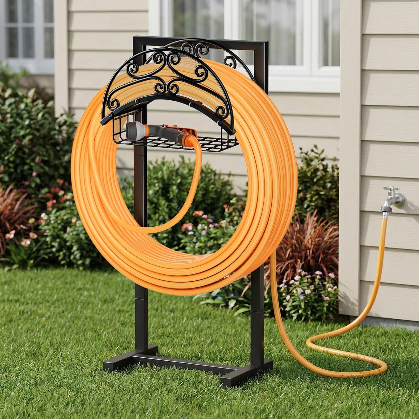 Garden Hose Holder - Upgraded Water Hose Holder Stand with Storage Basket Holds 151ft, Heavy Duty Freestanding Garden Hose Hanger Storage Rack for Outside Yard Lawn Farm