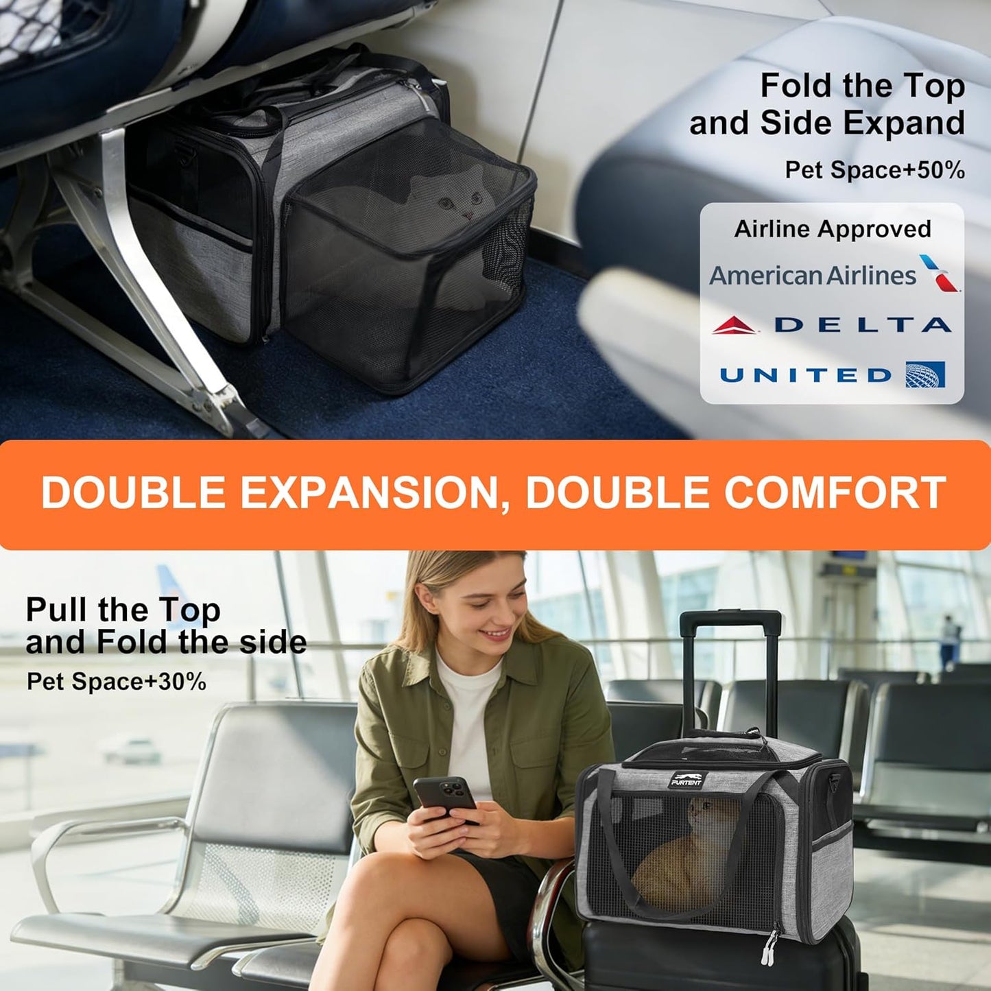 Cat Carrier, Airline Approved Dog Carrier with Top and Side Expansion, 360° Ventilation Soft-Sided Cat Carrier with Safety Leash, Foldable Travel Carrier for Small Cats and Dogs,Grey