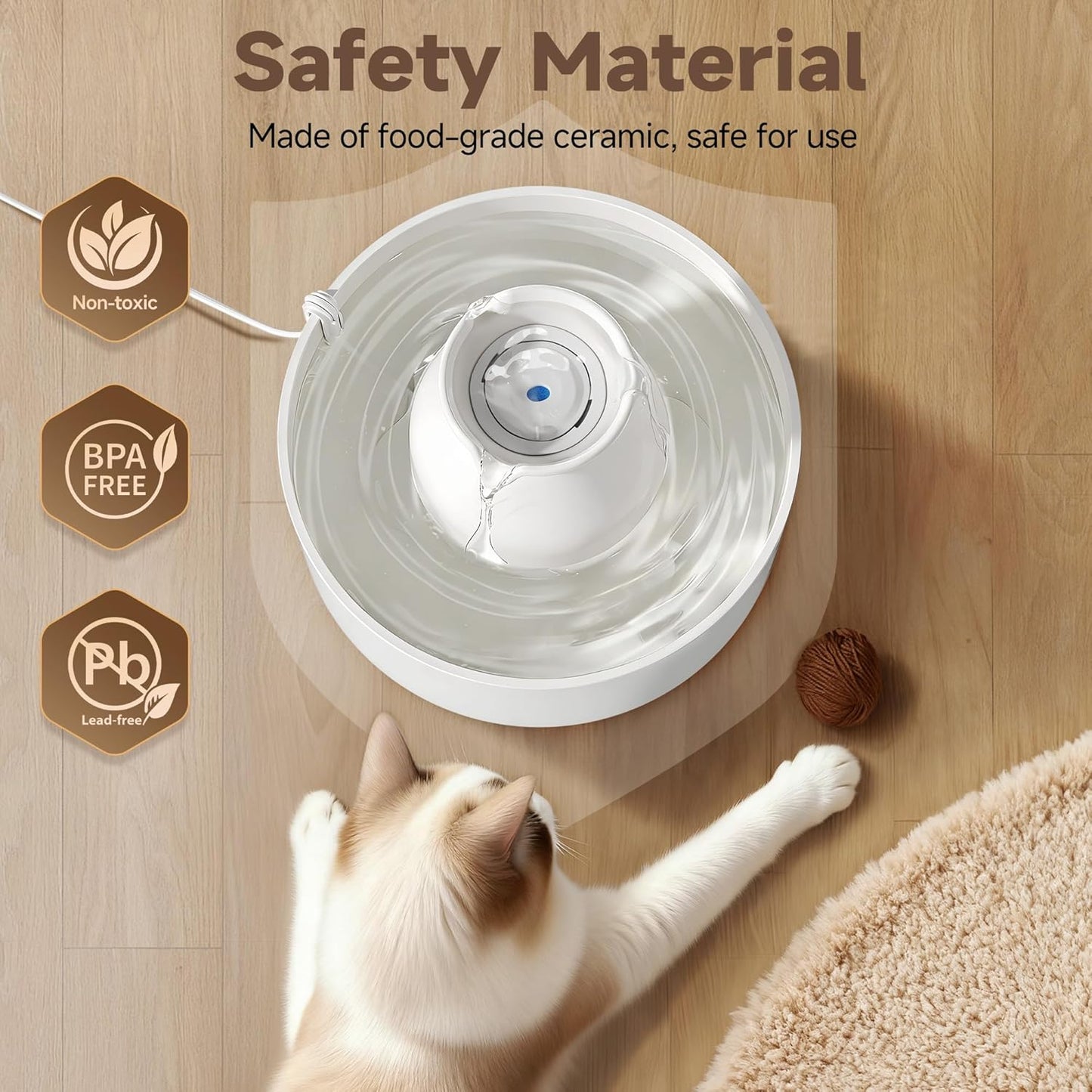 Ceramic Cat Water Fountain, 3L/101 fl oz Ultra-Quiet Pet Water Fountain, Automatic Water Dispenser for Cats & Small Dogs, No Spill Cat Water Bowl, BPA-Free, 2 Filters Included, Easy to Clean