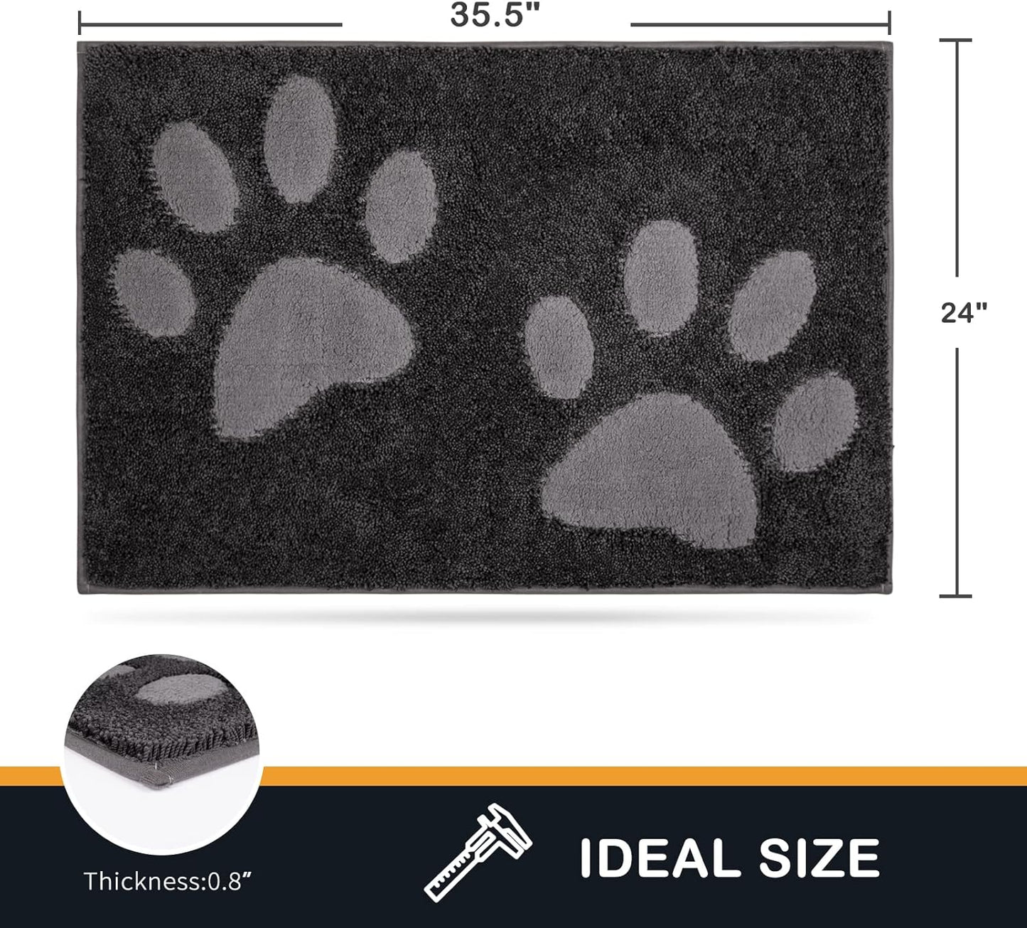 PURRUGS Dirt Trapping Door Mat 24" x 35.5", Non-Skid/Slip Machine Washable Microfiber Entryway Rug, Dog Doormat, Super Absorbent Welcome Mat for Muddy Wet Shoes and Paws, Charcoal