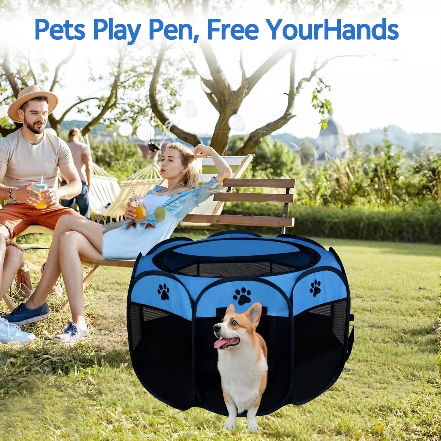 Dog Playpen,Puppy Pet Cat Playpen Indoor for Small Dogs Tent Crates Cage Indoor/Outdoor, Portable Pop Up Dog Kennel Playpen with for Dogs/Cats/Rabbits, Removable Zipper Top(Small Size, Blue)