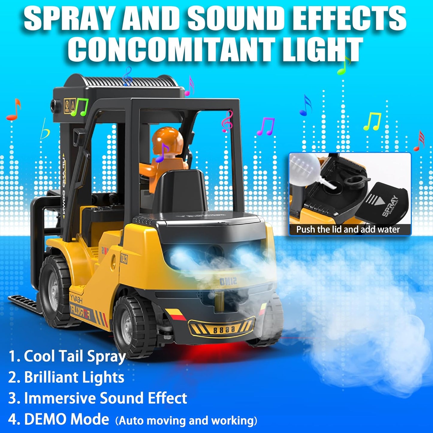 RC Forklift Toy with Trailer, 3 in 1 Remote Control forklift with Transform Lift Fork & Hook, 11 Channel RC Construction Toys with 2 Battery,Spray,Light, RC Forklift for Adults Kids Boys Gift
