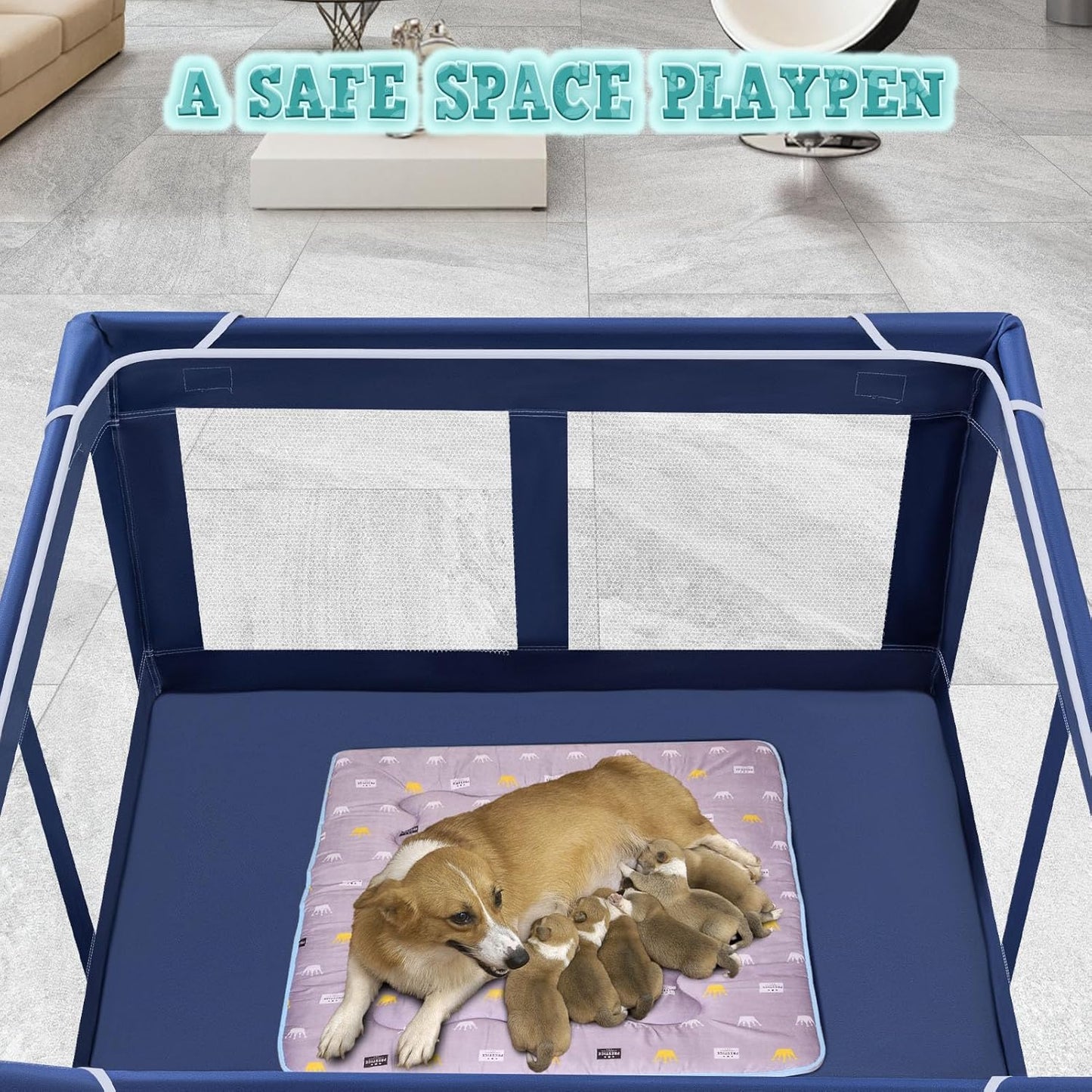 42x42 Inches Puppy Playpen with Gate, Dog Playpen for Puppies or Small Dogs, DogFence Pet Playpen for Indoor & Outdoor, Sturdy Safety DogPen with Thickened Fabric, High-Strength Nylon Wire Mesh
