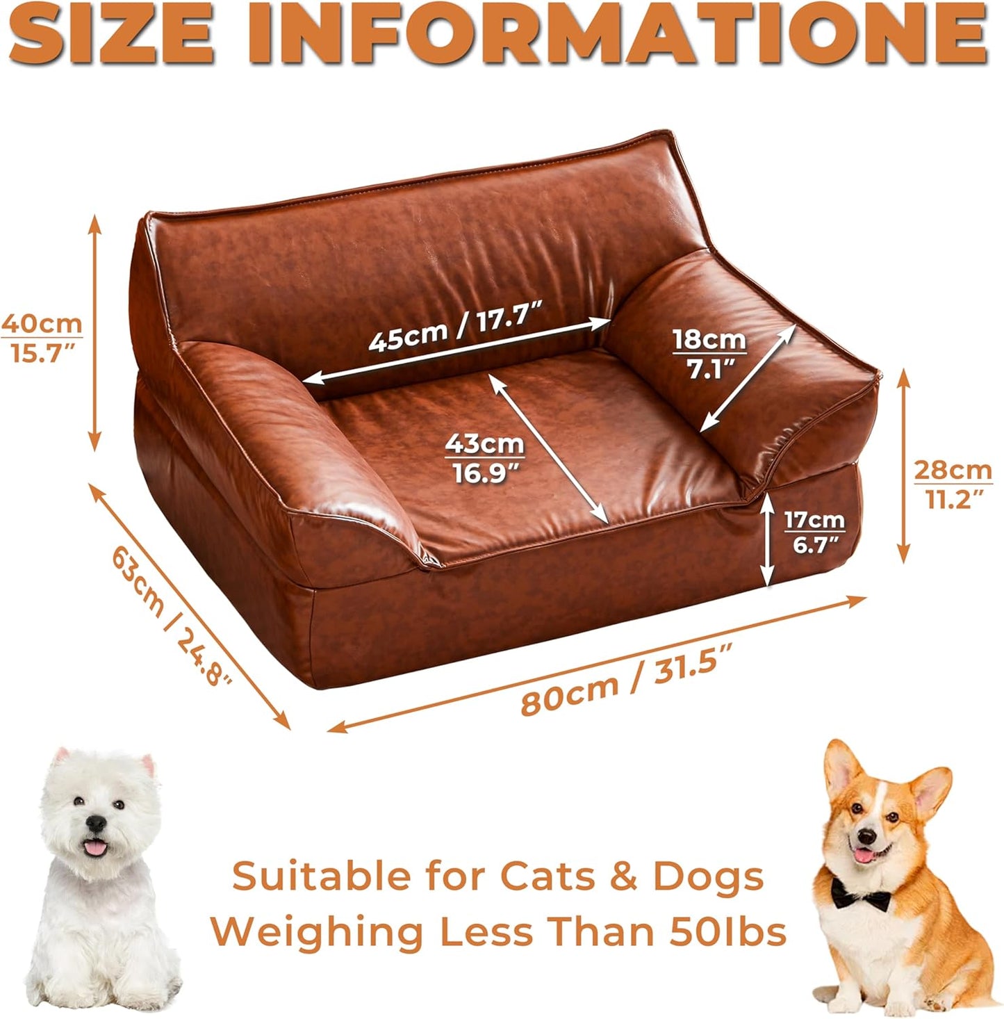 Leather Dog Couch Bed for Small and Medium Dogs Under 50 lbs, Brown Mid Century Modern Elevated Cat Sofa Bed Luxurious Indoor Furniture Style Pet Supplies for Puppy