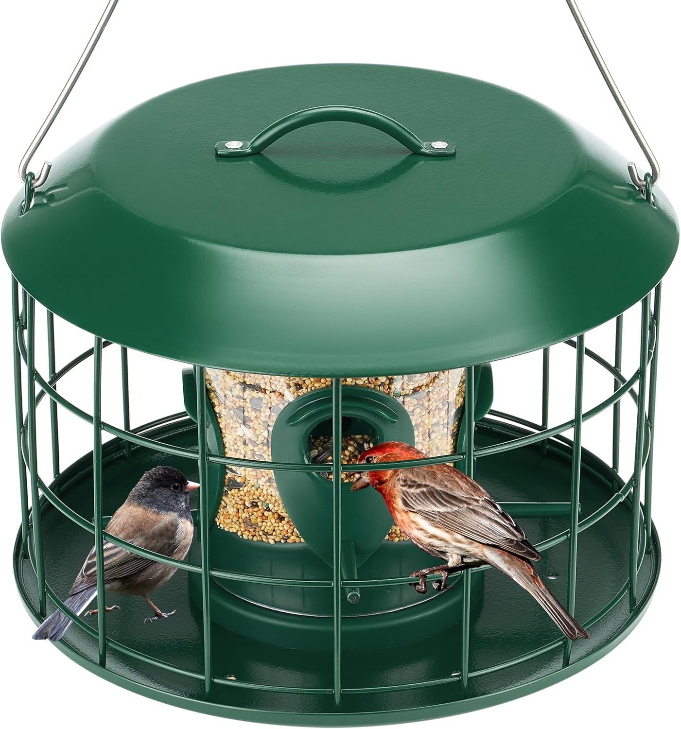 Kingsyard Tube Squirrel Proof Bird Feeders for Outdoor Hanging, Metal Caged Bird Feeder with Rain Proof Covered for Wildbirds Finches Bluebird, 4 Feeding Ports, Green