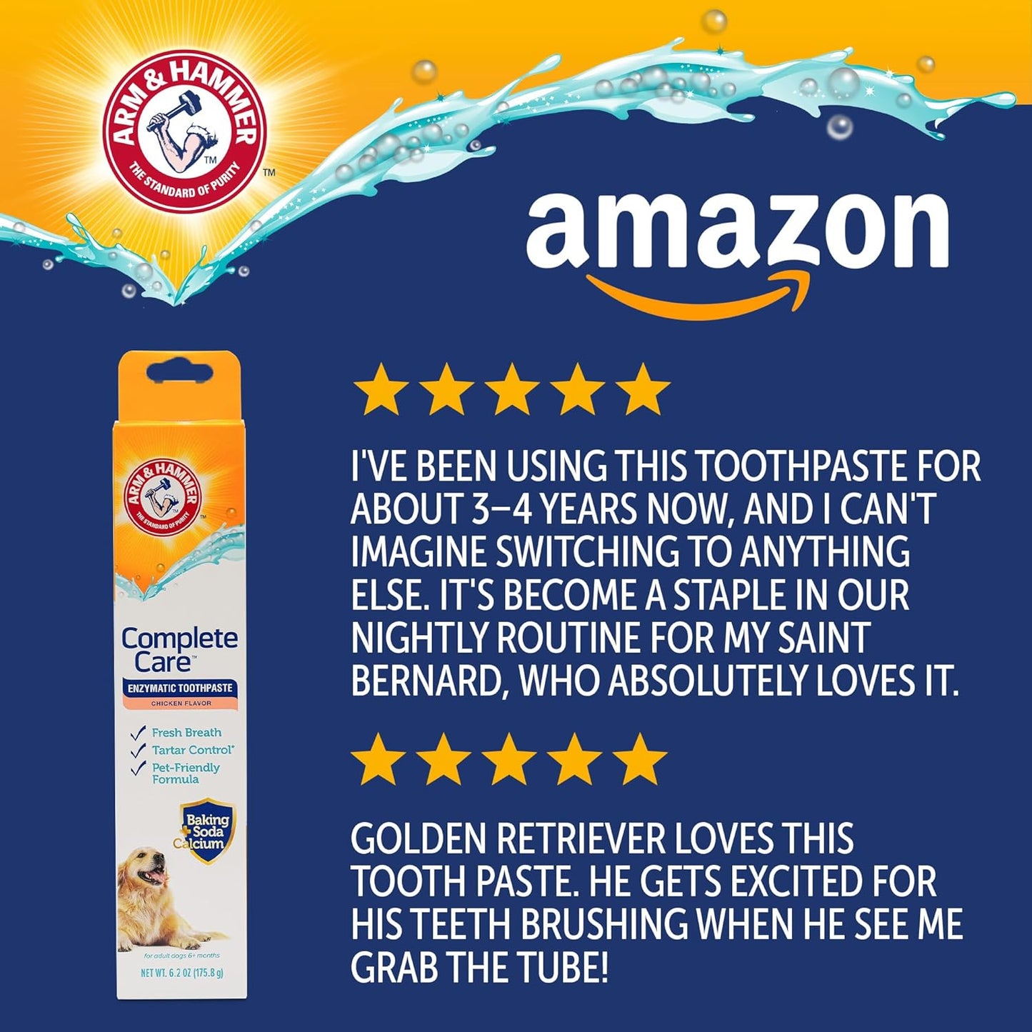 Arm & Hammer Complete Care Enzymatic Dog Toothpaste with Baking Soda and Calcium, Fluoride Free Formula for Plaque Tartar Control and Fresh Breath, Chicken Flavor, 6.2 Oz
