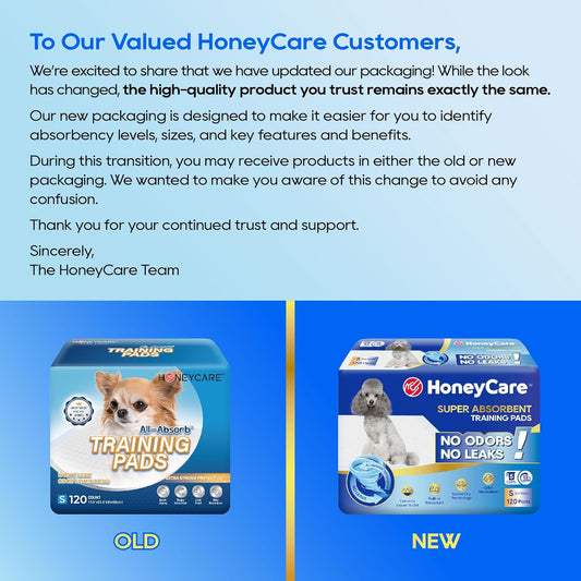 Honey Care All-Absorb, Small 17.5" x 23.5", 120 Count, Dog and Puppy Training Pads, Ultra Absorbent and Odor Eliminating, Leak-Proof 5-Layer Potty Training Pads with Quick-Dry Surface, Blue, A05