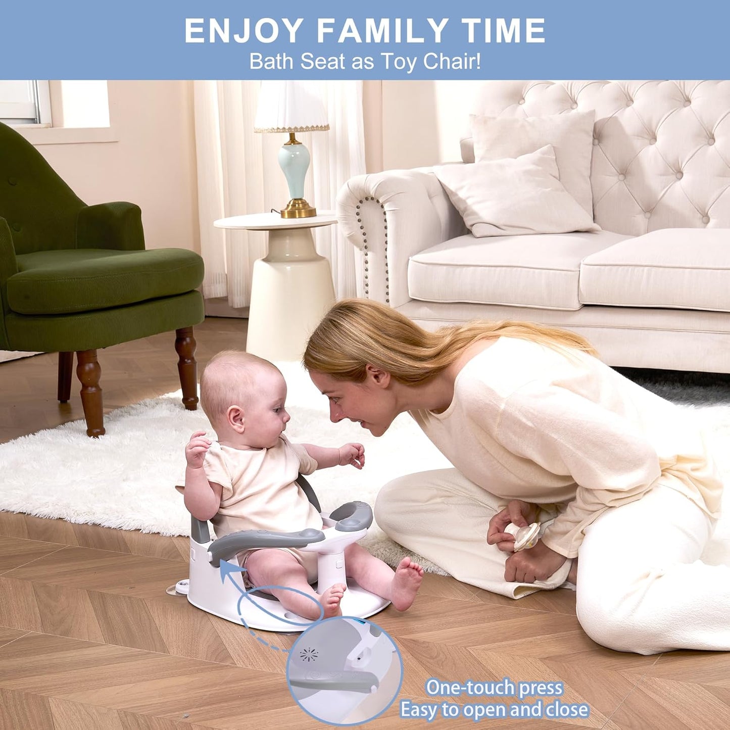 Baby Bath seat for Babies 6 Months & up, 360° Stable Toddler Bath Chair with one-Touch Button, Back Hollow Design, Water Temperature Card & 4 Suction Cups for Safety (Gray)