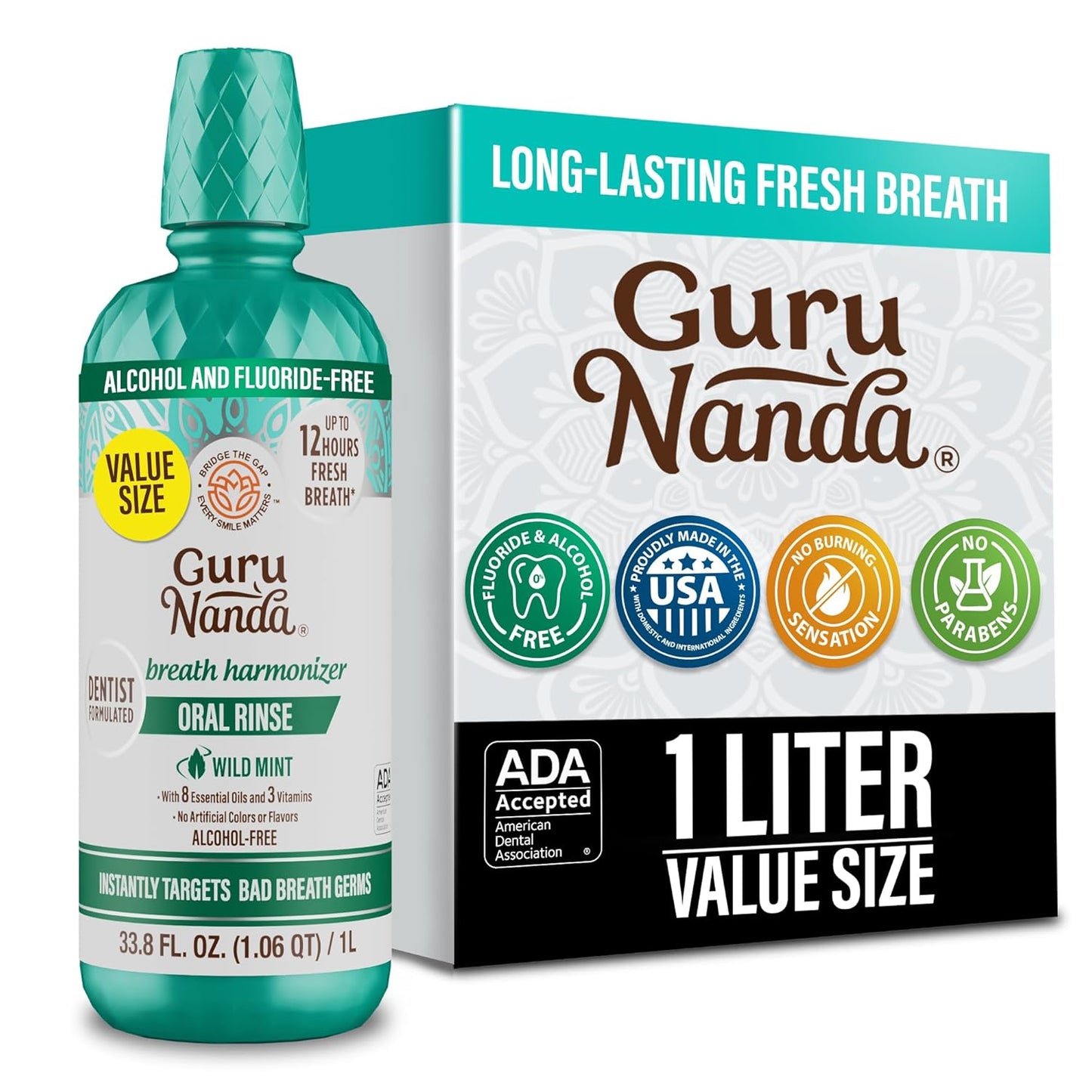 GuruNanda Fresh Breath Mouthwash, ADA-Accepted, Alcohol & Fluoride-Free, Sodium Chlorite, Essential Oils & Vitamins, 12-Hrs Fresh Breath, Wild Mint, 33.8 oz