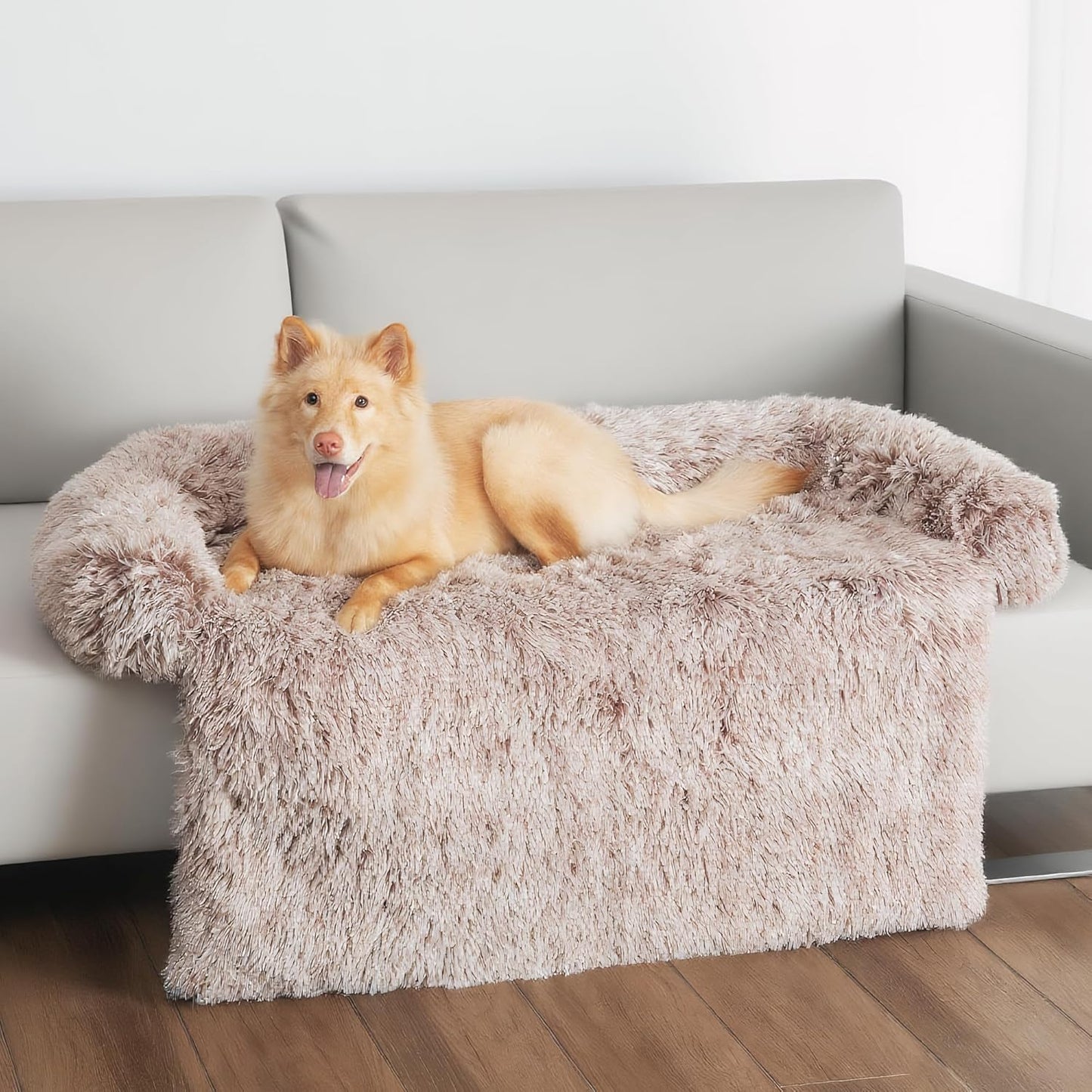 KHONSU PET Large Calming Dog Bed for Couch – Sofa Protector Mat with Bolster, Removable Washable Non-Slip Cover, Fits XL Dogs up to 70 lbs, Brown 45"x37"