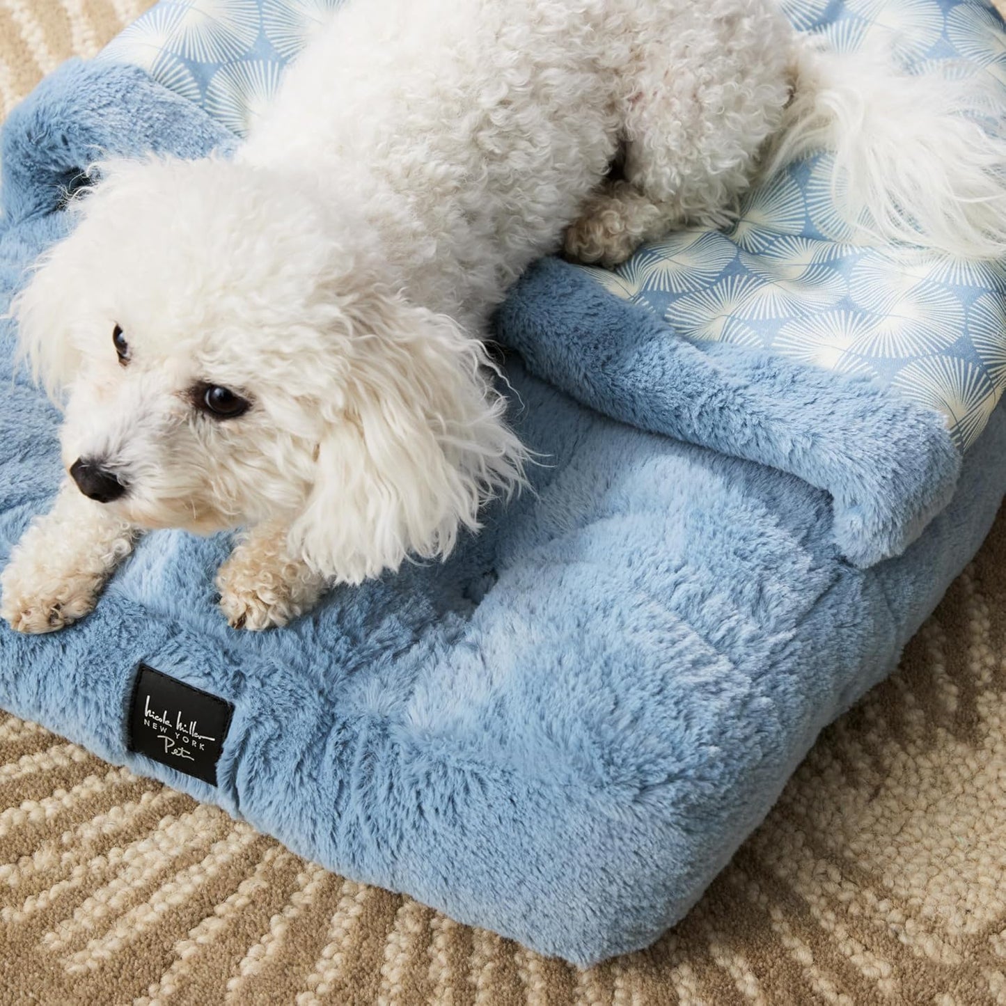 Nicole Miller New York PET Kendall Fluted Geo Cozy Slipper Cave Pet Bed, Cozy & Calming, Non-Slip Bottom, Machine Washable, Blue, Small 22"x17"x11"