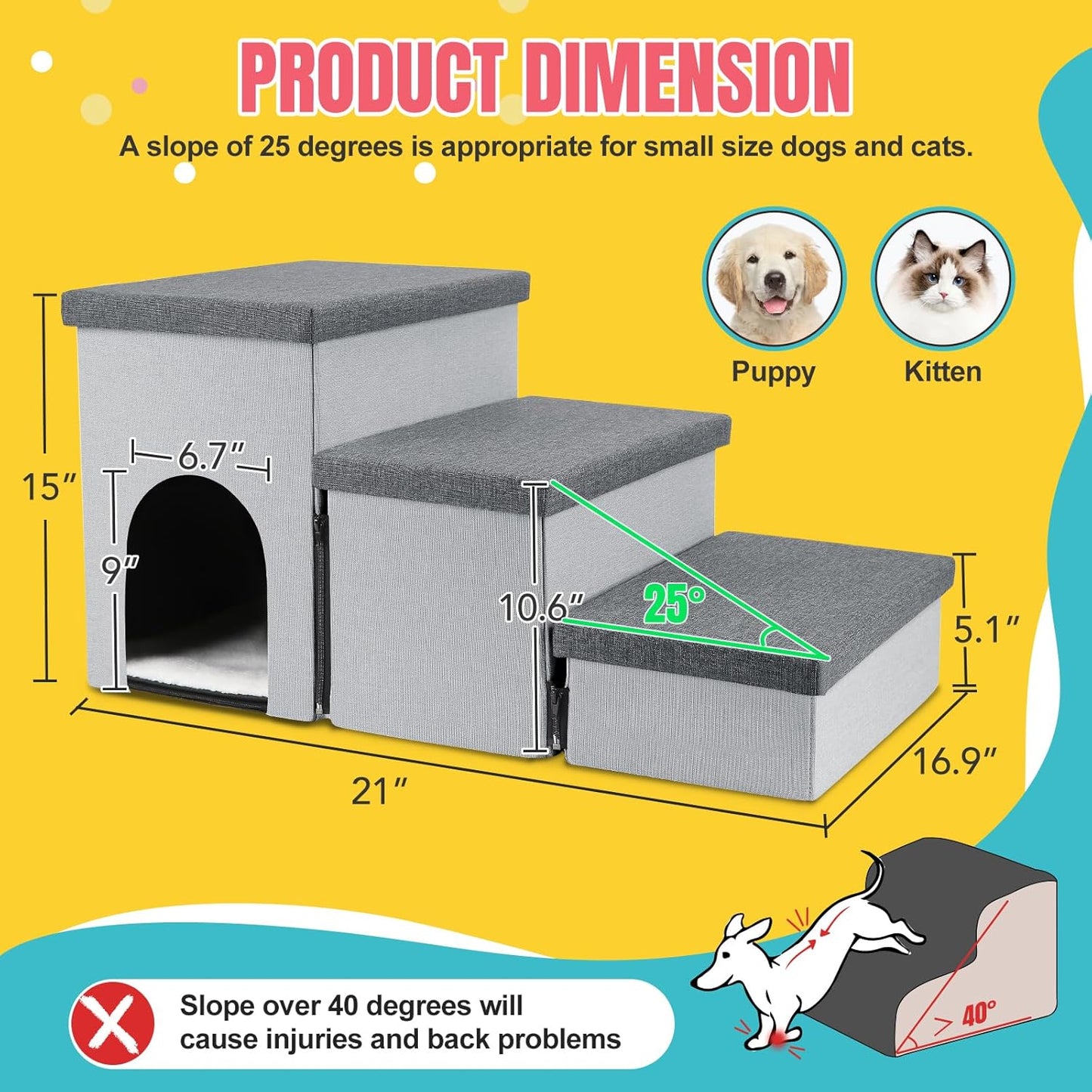 Dog Stairs for High Beds, Folding Pet Steps for Small Dogs and Cats with Storage and Condo, Non-Slip Dog Steps for Couch and Bed up to 22 inches(3 Steps, Grey-Dark Grey)