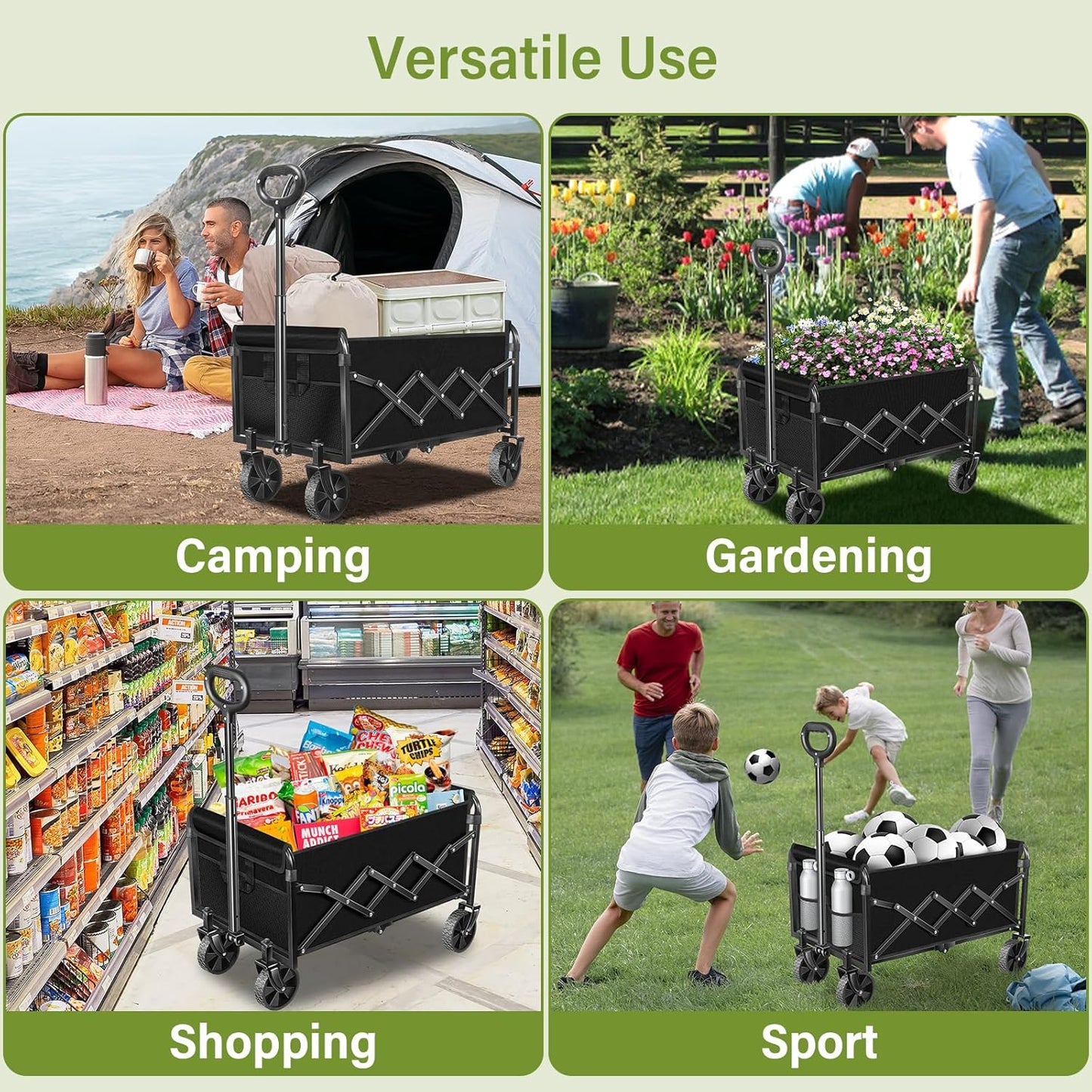 Wagons Carts Foldable, 280LBS Heavy Duty Collapsible Wagon Cart with Wheels, Portable Folding Utility Cart with Adjustable Handle & Cup Holder for Grocery, Camping, Sports, Outdoor, Garden - Black
