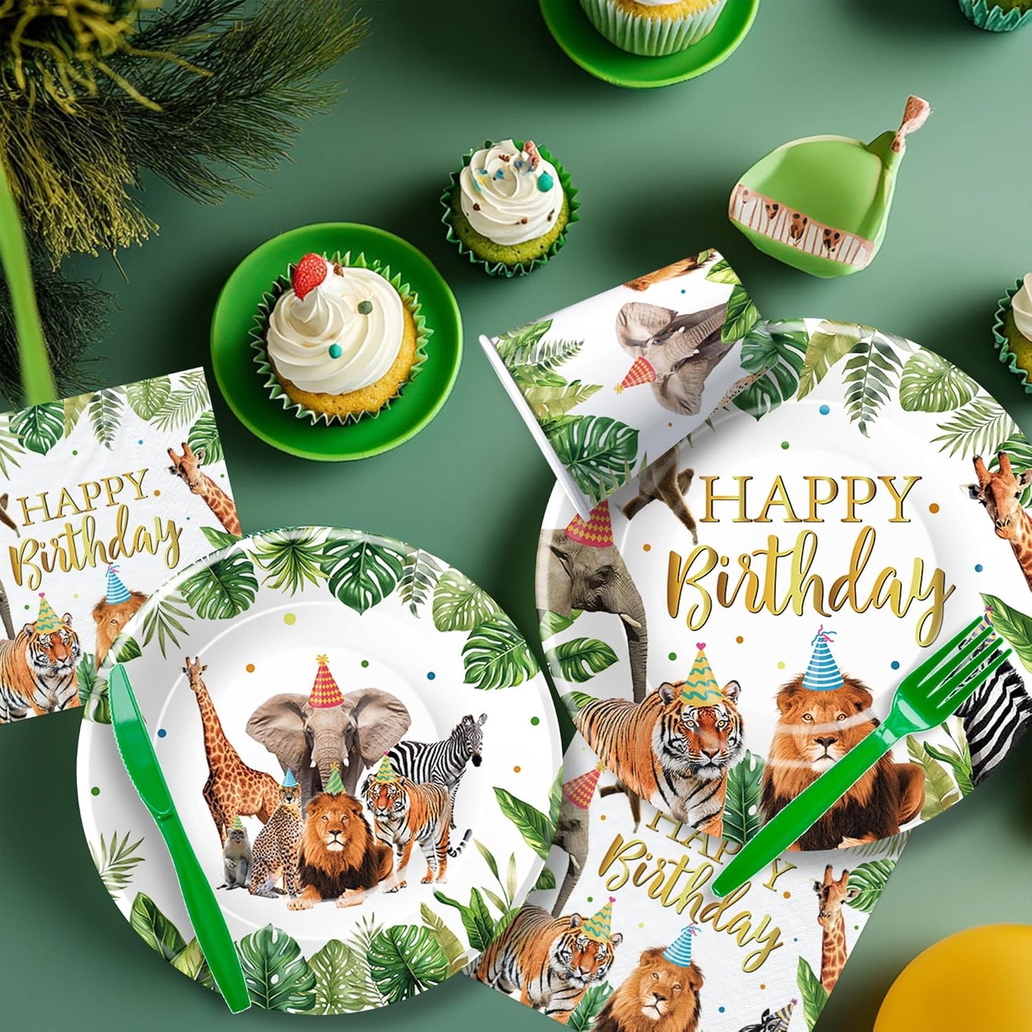 Jungle Safari Party Decorations for Birthday Baby Shower, Zoo Wild Animal Birthday Party Supplies, Paper Plates and Napkins Set, Cups, Straws, Cutlery, Tablecloth, 24 Guests