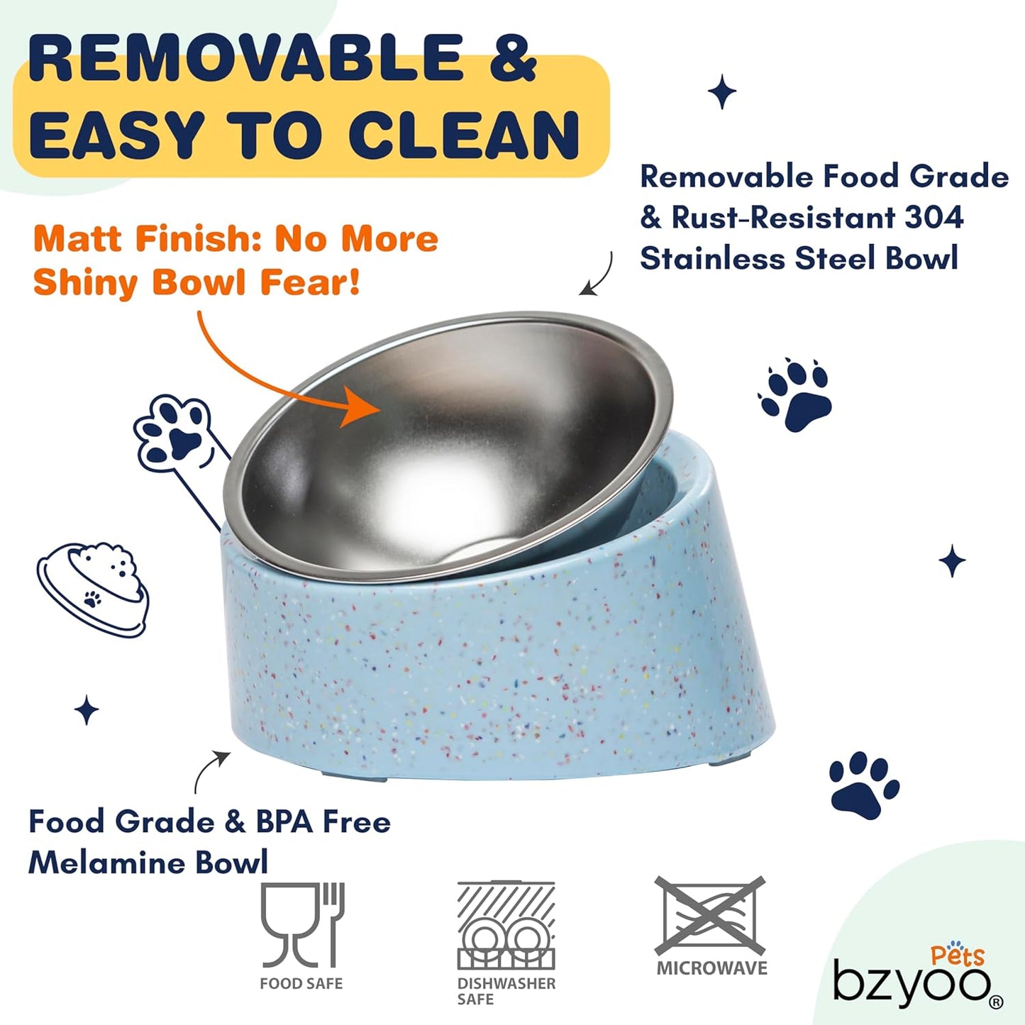 bzyoo 16oz Tilted Dog Bowl for Small Dogs & Cats, 15° Elevated Stainless Steel Pet Feeder, Ergonomic Anti-Vomiting Food Bowl for Frenchie, Pug, Persian Cat, Non-Skid Melamine Stand, Sprinkle (Blue)