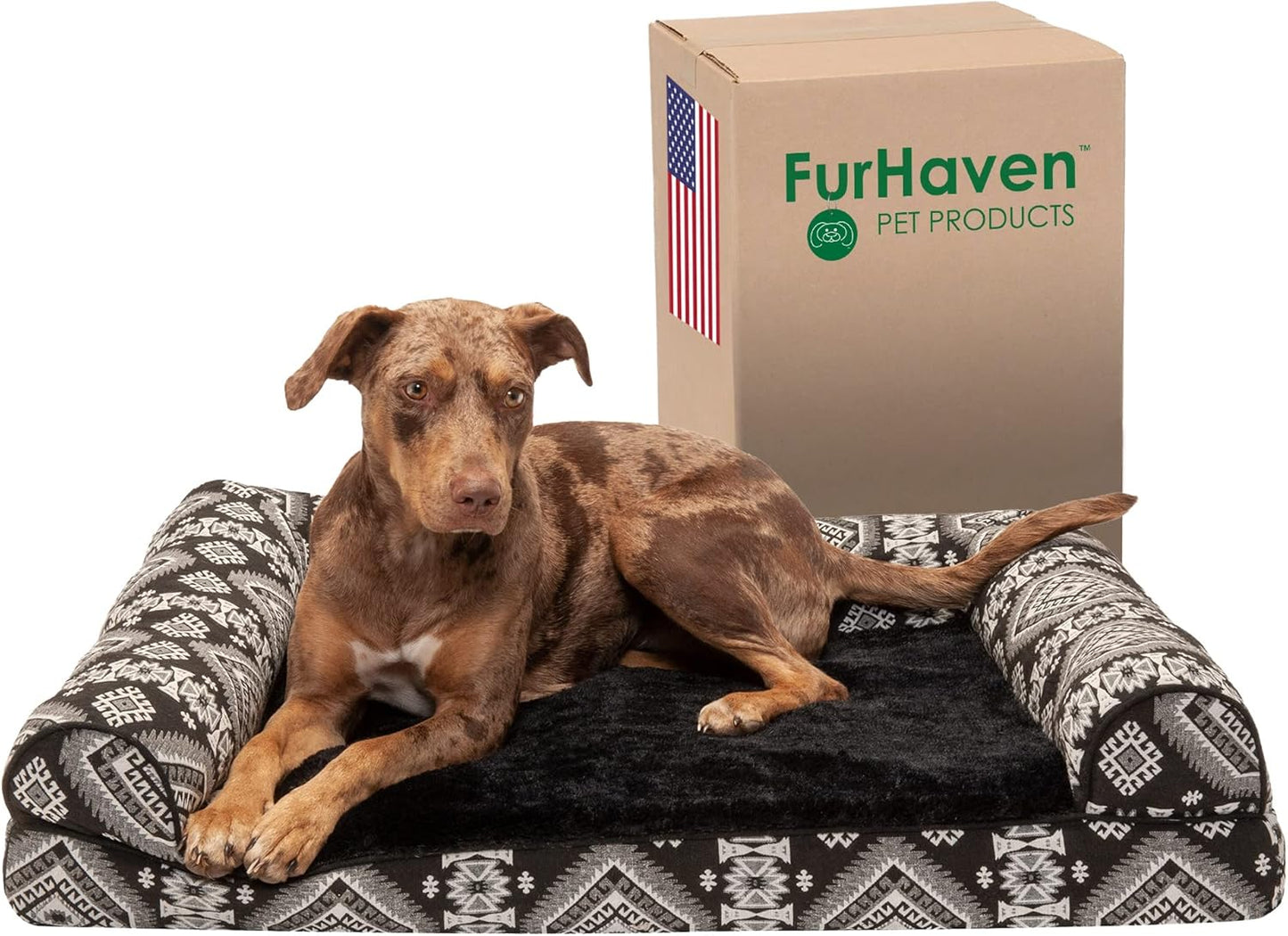 FurHaven Supportive Memory Foam Sofa Dog Bed with Washable & Removable Cover - Plush/Woven - Black Medallion, Dogs Up to 55 lbs - Large