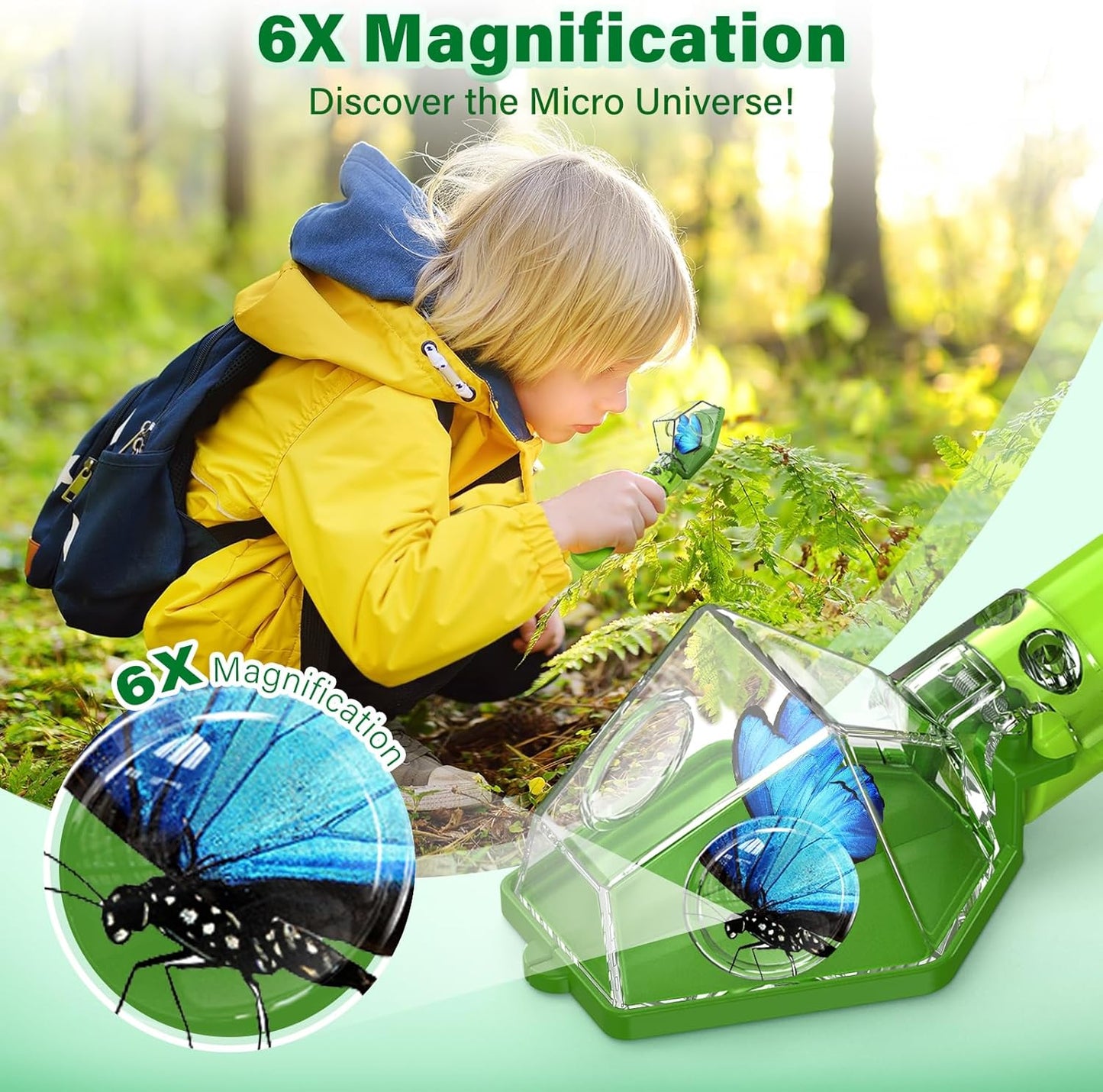 Bug Catcher for Kids, Insect Trap Kit with 6X Magnifier Glass - STEM Educational Exploration Tool for Indoor and Outdoor,Christmas Birthday Gifts Toys for Adults, Boys, and Girls, Green