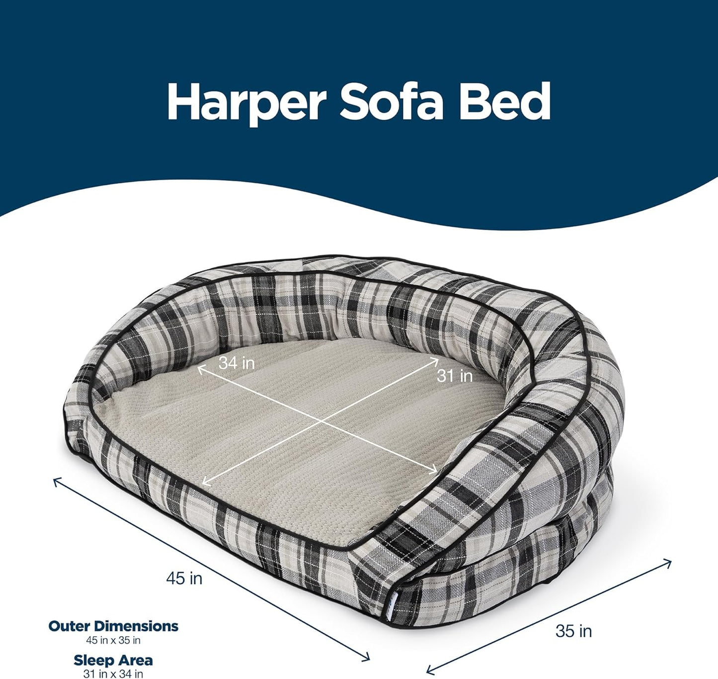Petmate La-Z-Boy Harper Sofa Large Dog Bed Oxford Plaid 43x35 Inches for Dogs up to 125lbs with Durable Removable Washable Cover