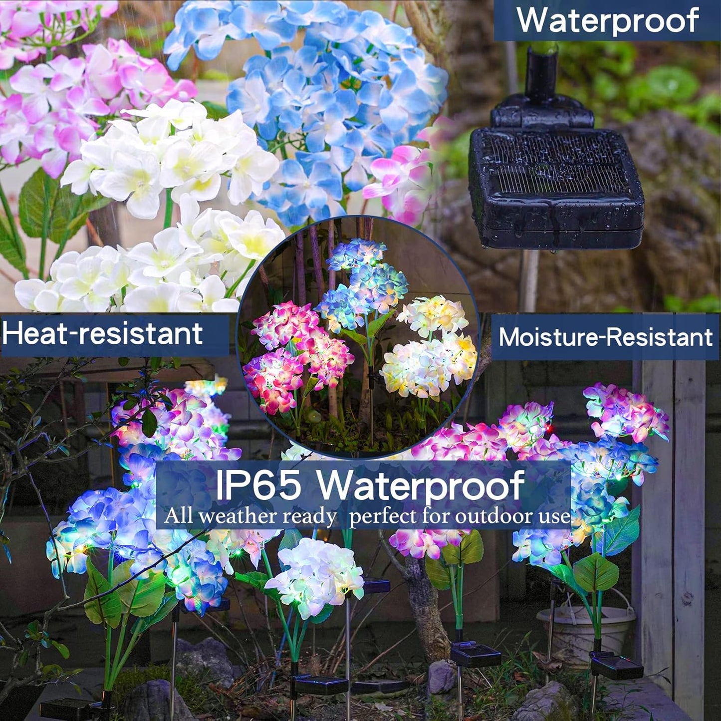 TONULAX Solar Garden Lights - 3 Pack Upgraded Version Outdoor Lights, Colorful Hydrangea Flower Light for Yard Decor, Garden Decoration, Two Lightning Modes & Enlarged Solar Panel