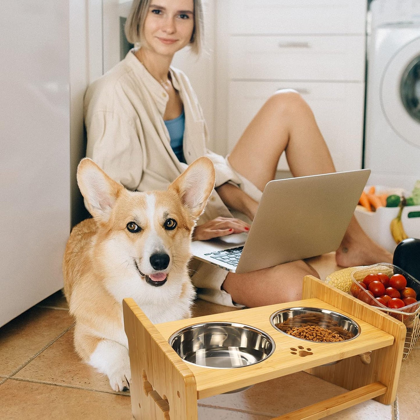 HTB Elevated Dog Bowls, Adjustable Pet Bowl Stand (Bamboo, 2 in 1-6.5'' or 11.8'')