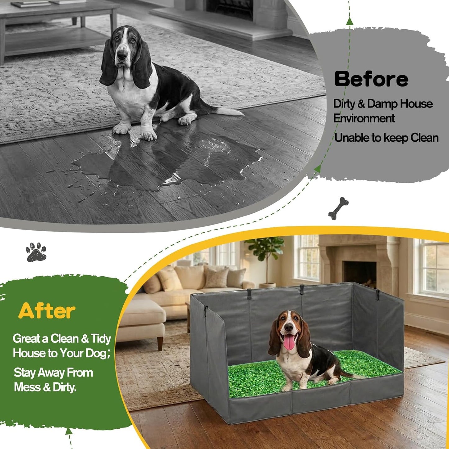 33.5"×23.6"×15.9" High Walls Dog Potty Tray with Artificial Grass, Foldable Dog Pee Pad Holder with 4-Inch Baffle, Waterproof Indoor Dog Litter Box for Small to Medium Pets