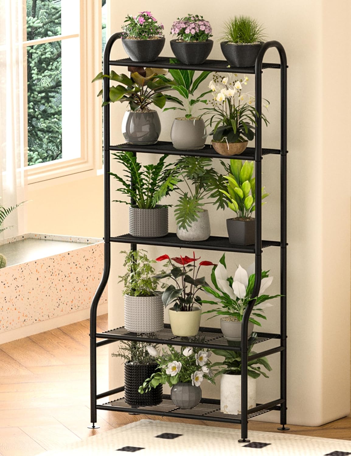 5-Tier Metal Plant Stand - Heavy Duty Indoor Outdoor Flower Shelf for Multiple Pots, 65" Tall Vertical Holder with Adjustable Leveling Feet & Wall-Fixing Kits, Black