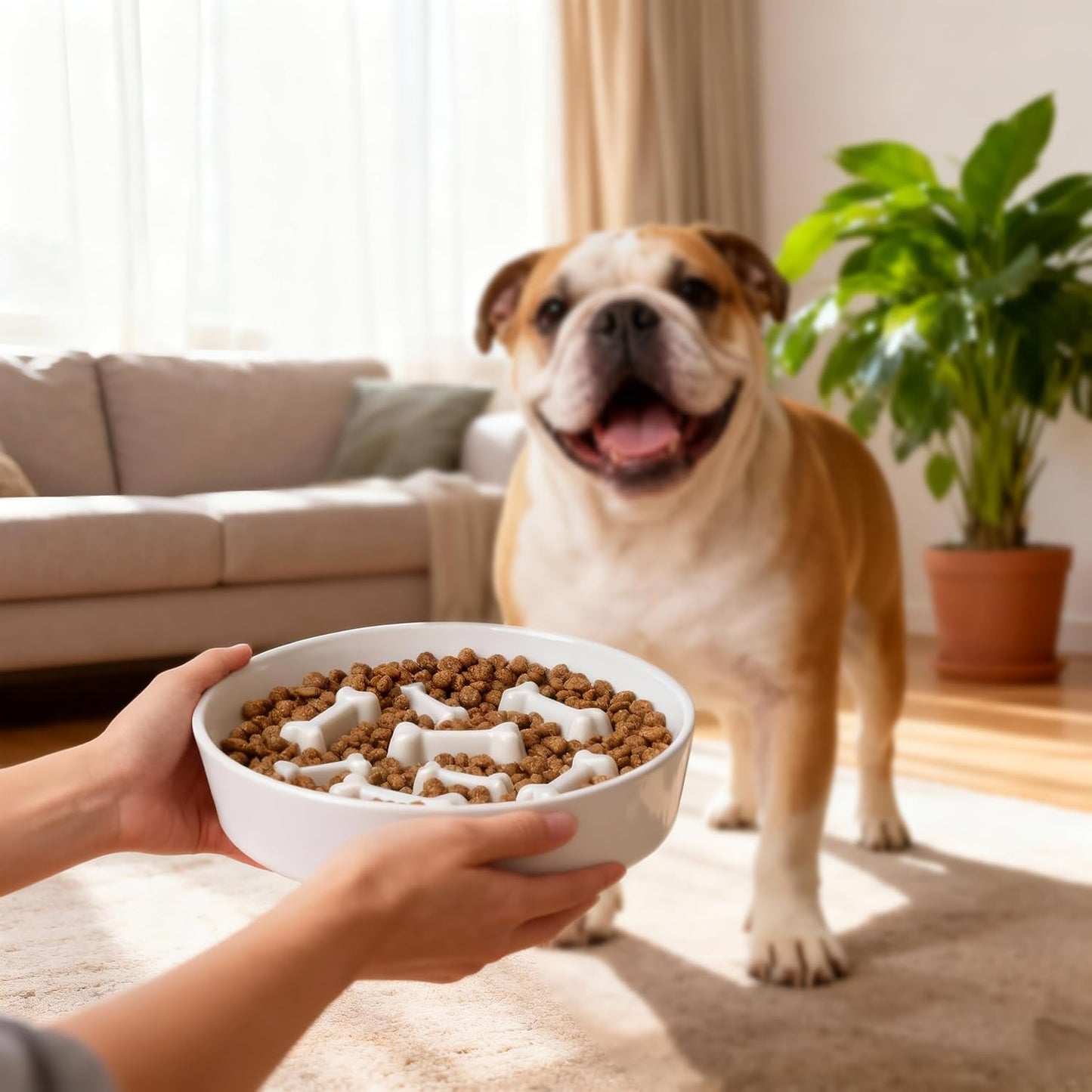 Ceramic Slow Feeder Dog Bowl, 1.5 Cup Dog Food or 20oz Water, Slow Eating Bowl for Small Breed, Maze Puzzle Feeder for Fast Eaters, Anti-Choking Stop Bloat, Non-Slip BPA Free (White Bone)