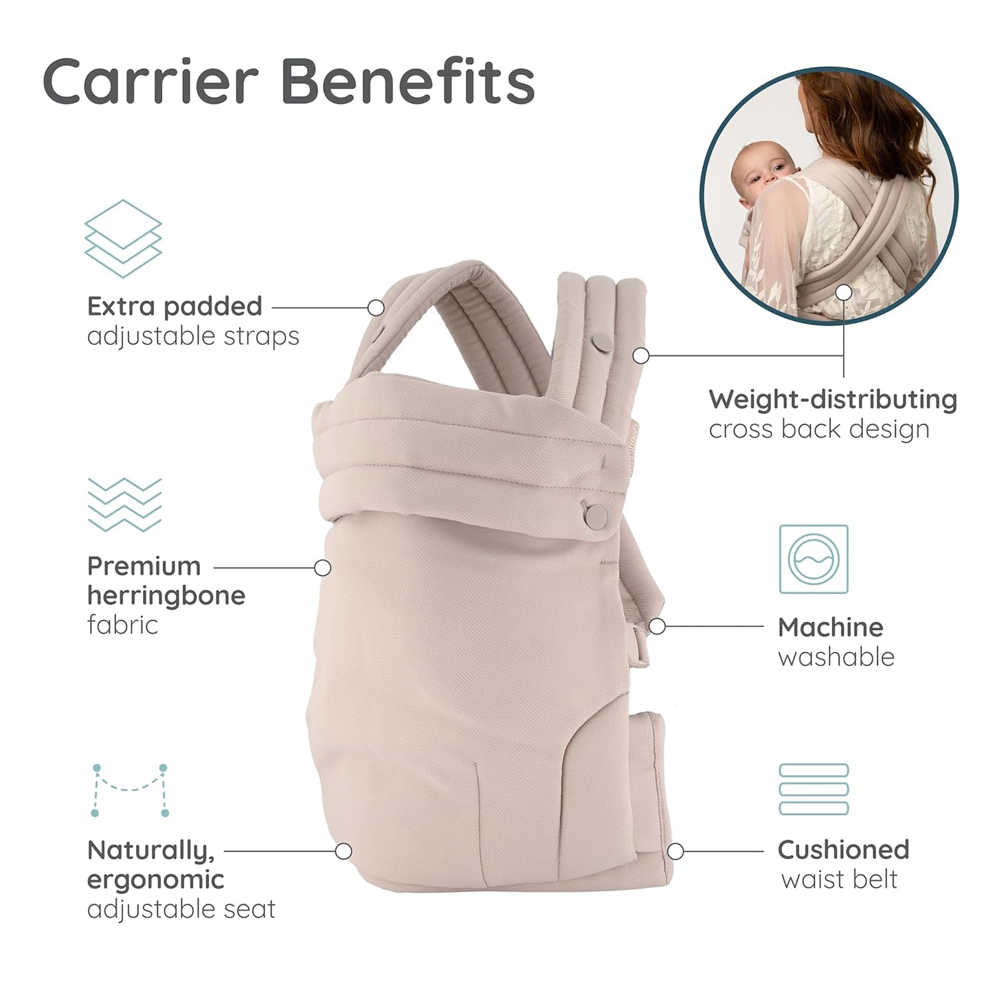 Infantino Honey Blossom Baby Carrier, Ergonomic Infant to Toddler Carrier, Hip Healthy “M” Position Support, Adjustable Sliding Seat, Padded Cross-Back Straps, 7-40 lbs, Toasted Almond