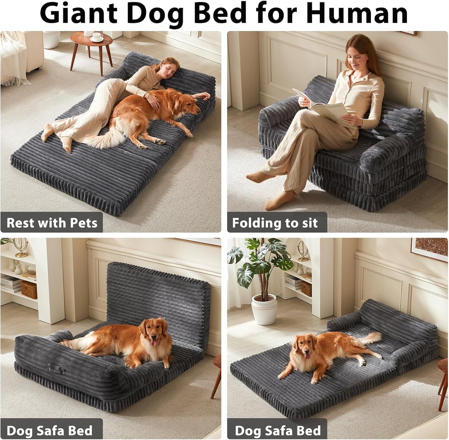 INVENHO Foldable Human Dog Bed, Orthopedic Egg-Crate Memory Foam Human Sized Dog Bed for Adult with Washable Removable Cover & Nonskid Bottom