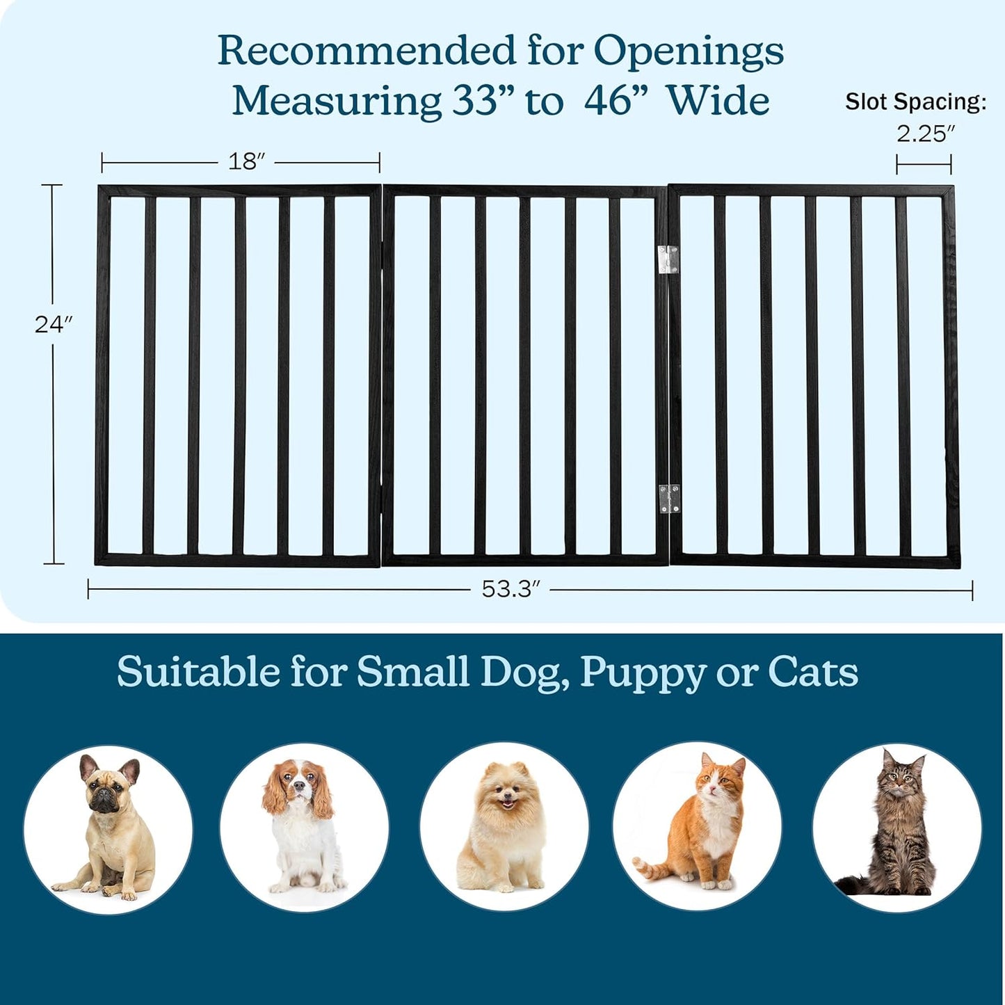 Pet Gate - 3-Panel Indoor Foldable Dog Fence for Stairs, Hallways, or Doorways - 54x24-Inch Wood Freestanding Dog Gates by PETMAKER (Black)