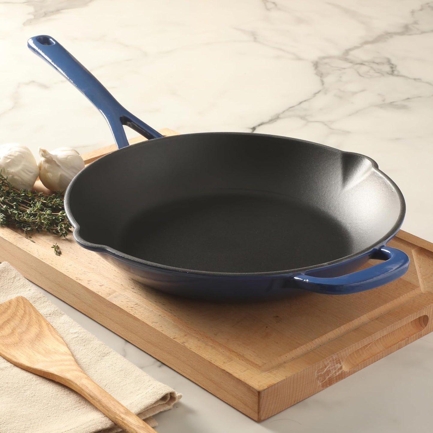 Martha Stewart Gatwick 12” Enameled Cast Iron Skillet, PFAS-Free, Classic Blue Exterior with Matte Black Enamel Interior, Rust Resistant, Oven Safe