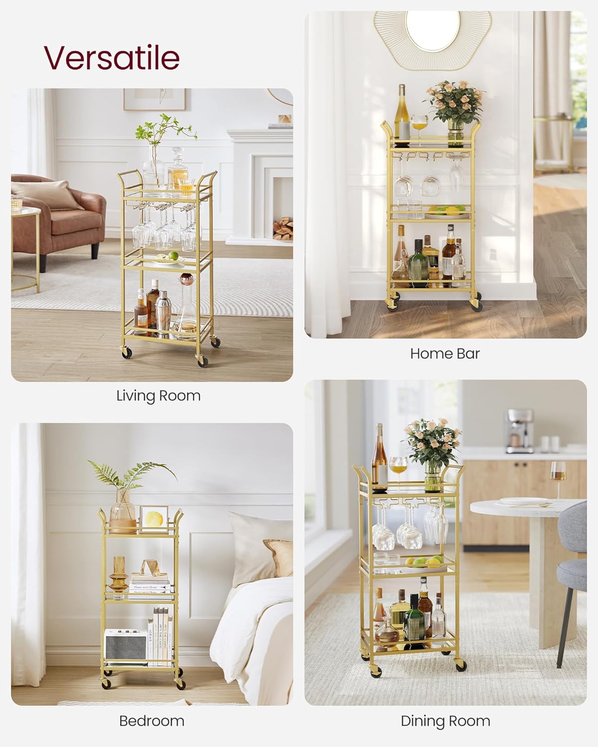 VASAGLE Bar Cart, Home Bar Serving Cart, Small Bar Serving Cart with 3-Tier Shelf, Wine Holders, Glass Holders, Mini Bar Cart for Small Spaces, Kitchen, Dining Room, Living Room, Pale Gold