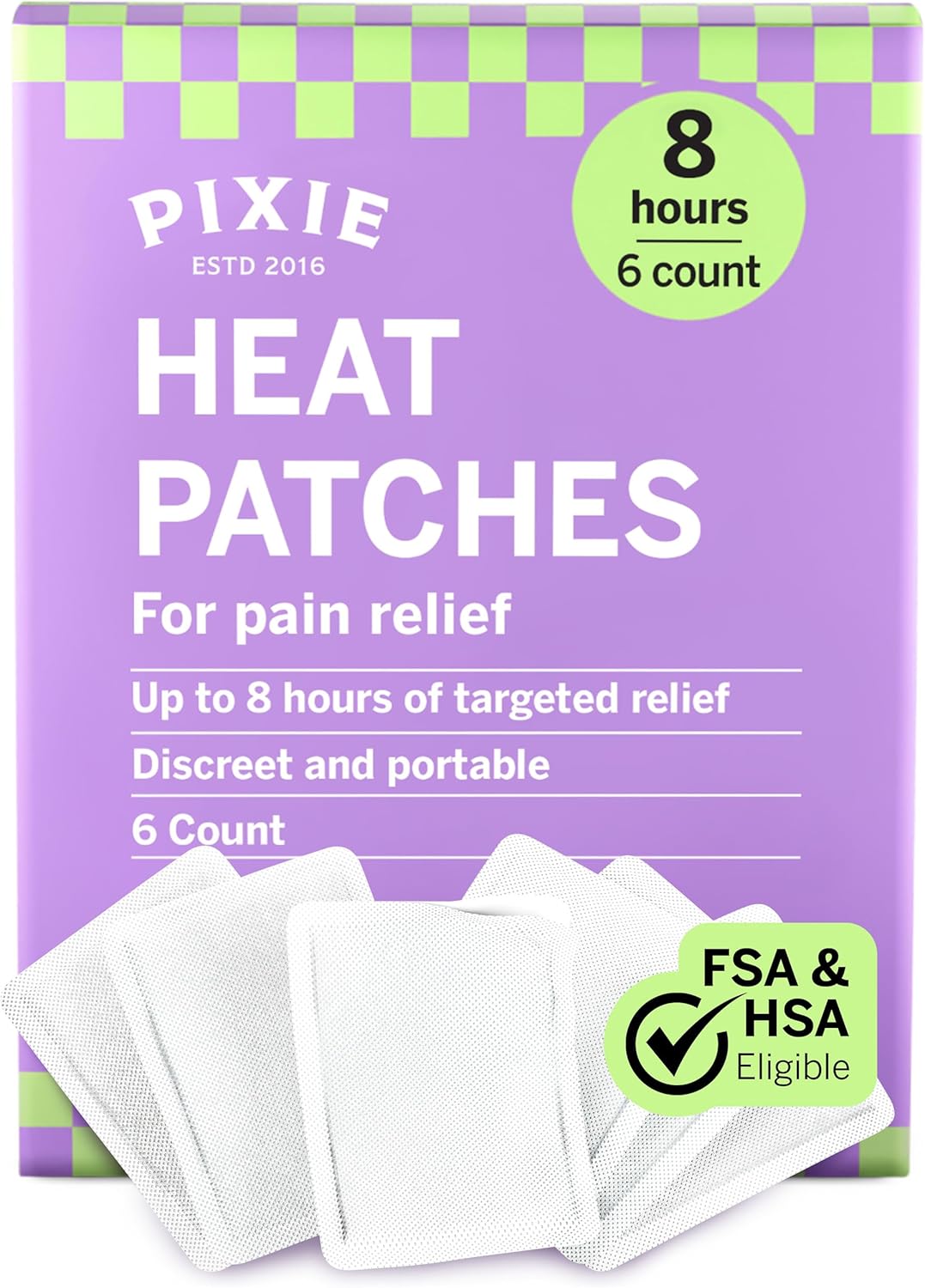 Pixie Period Cramps Menstrual Pain Relief Heat Patches - Lower Abdominal & Back Soothing Therapy - Natural Alternative to Lidocaine ICY Hot - Up to 8 Hours - 6 Count Discreet Disposable Heat Pads
