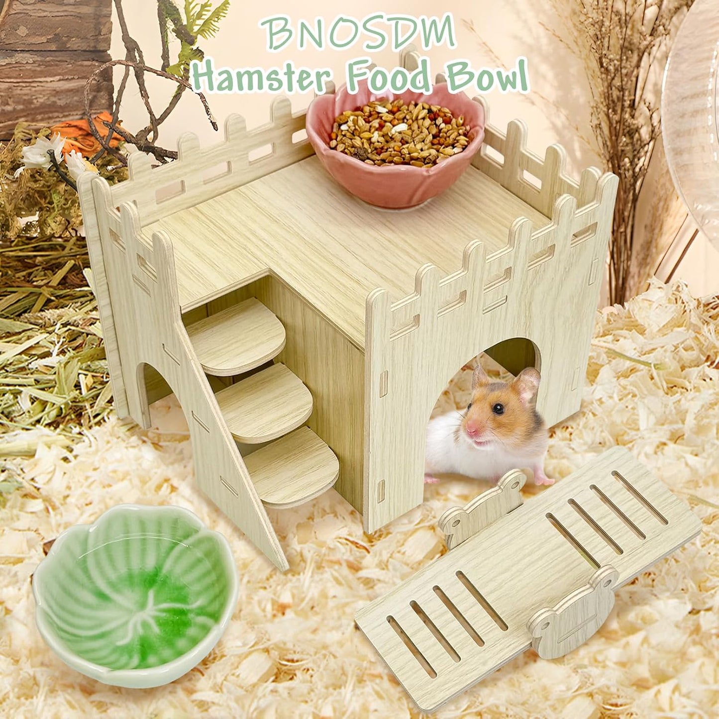 BNOSDM 2 Pcs Hamster Ceramic Food Bowl Flower Series Gerbil Drinking Bowls Anti-Turning Food & Water Dish for Dwarf Syrian Hamsters Gerbil Chinchilla（Pink, Narcissus Pattern）